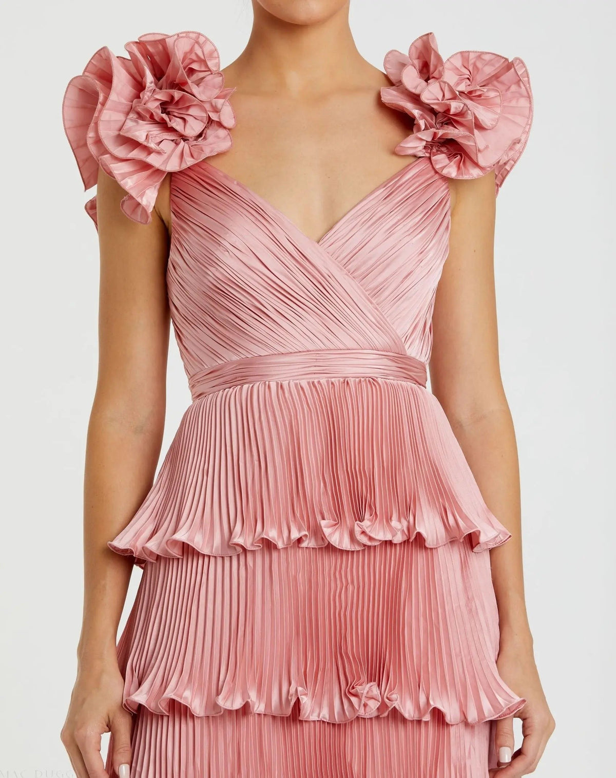 Rose Pleated Charmeuse Tiered Gown With Ruffle Straps