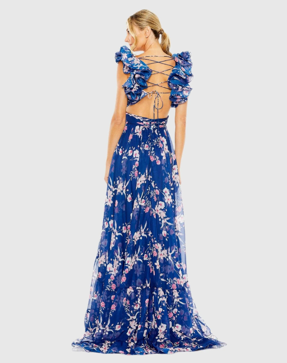 Blue Ruffle Tiered Floral Cut-Out Chiffon Gown
