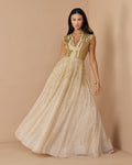 Gold V-Neck Beaded Tulle A-Line Gown