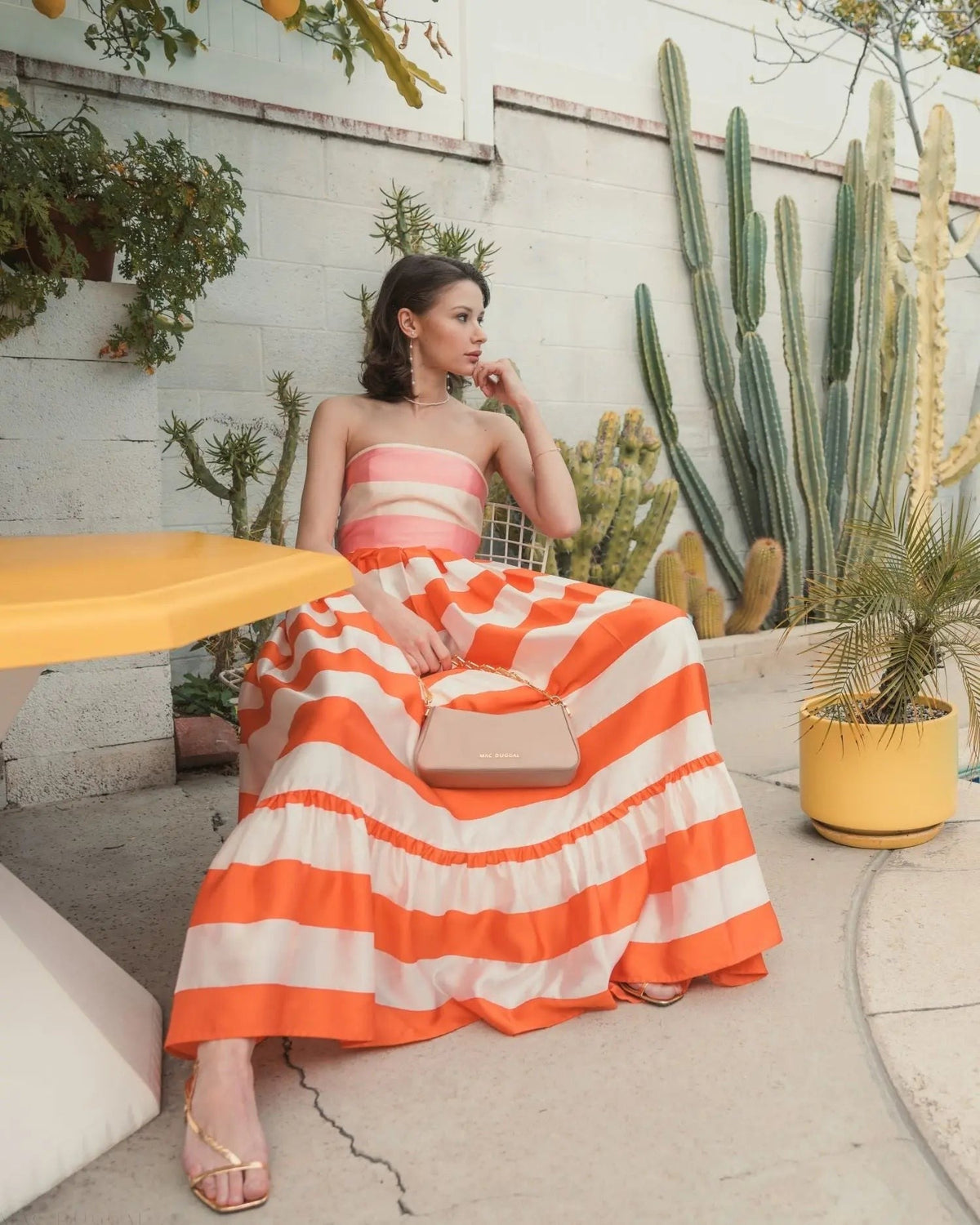 Multicolor Striped Organza Strapless Ruffle Gown