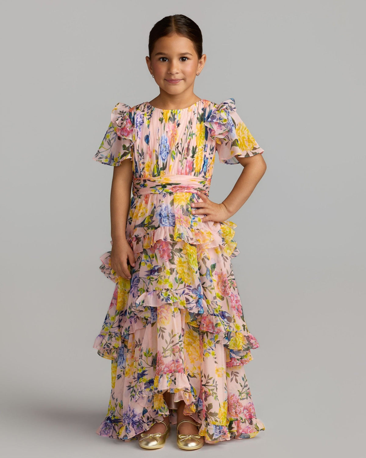 Girls Pink Multi Floral Chiffon Tiered Ruffle Dress