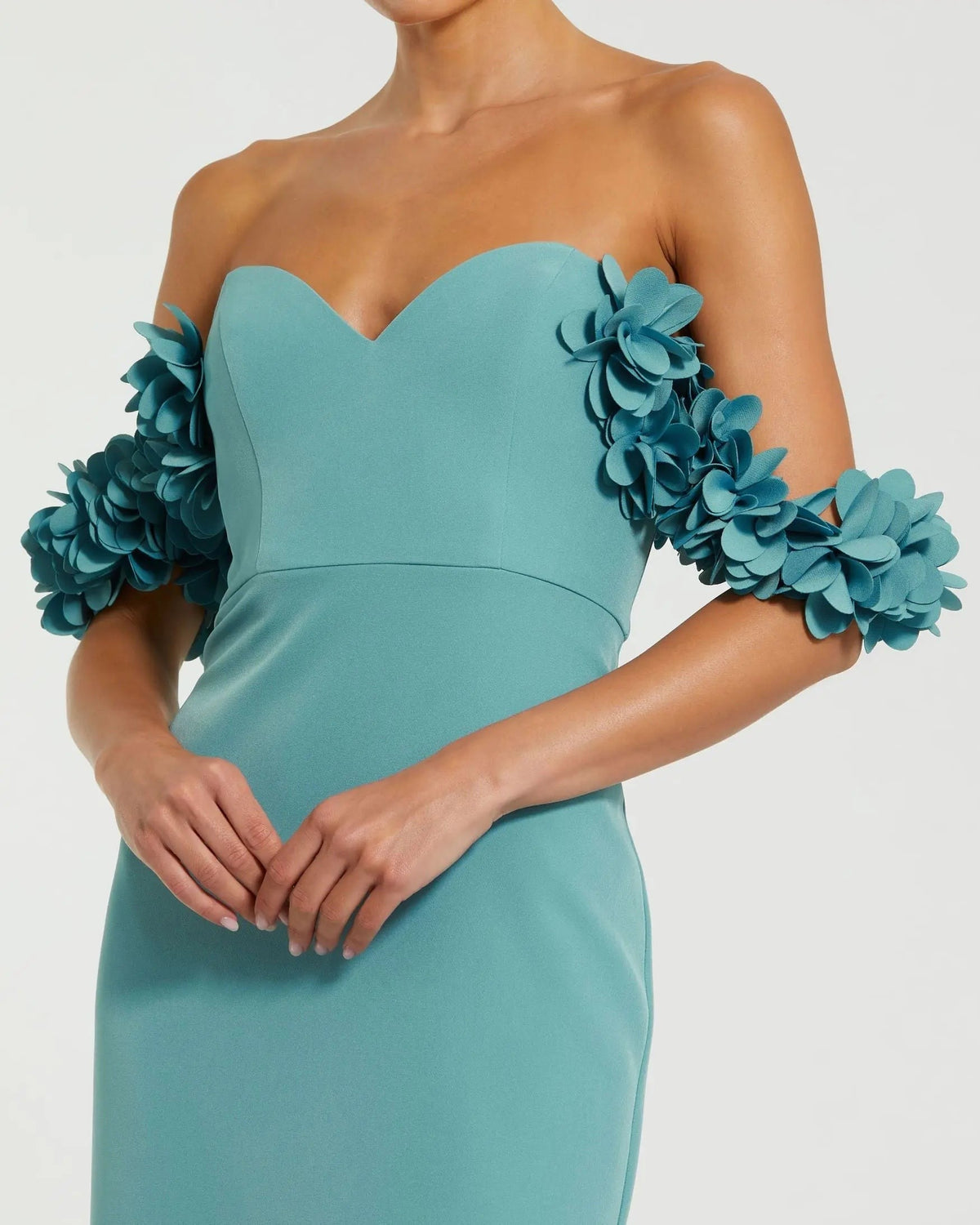 Teal Crepe Off The Shoulder Gown With 3D Flowers