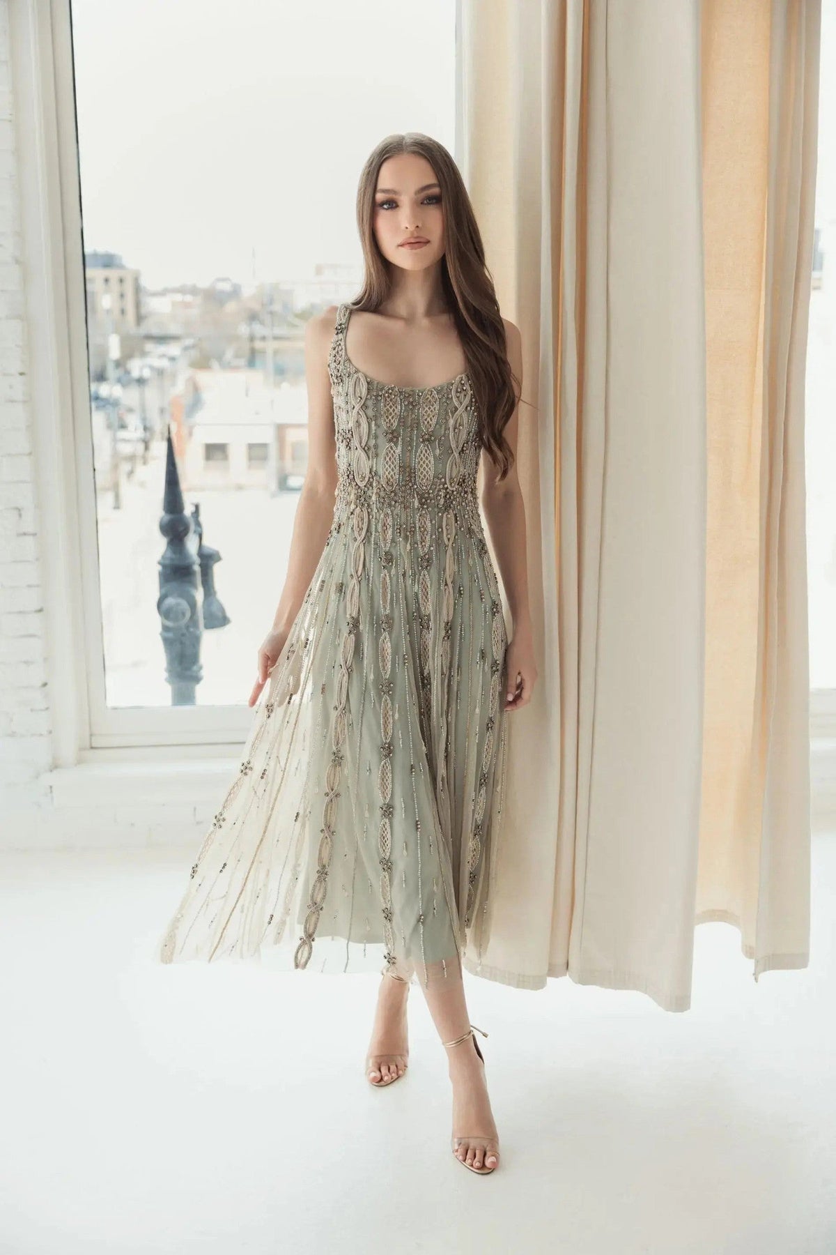 Nude Sage Sleeveless Scoop Neck Embellished Midi Dress