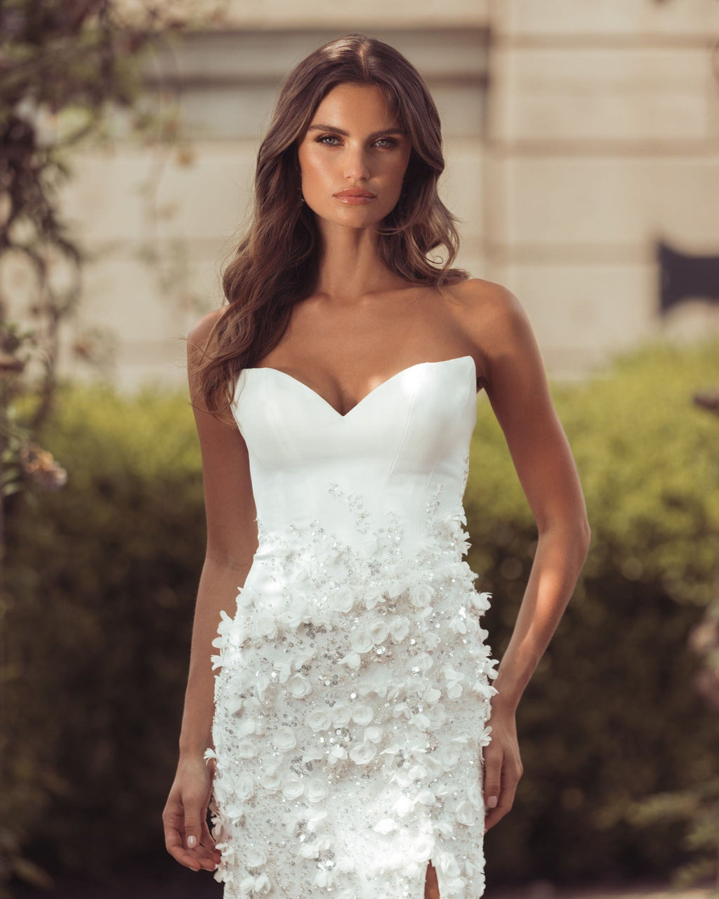 Ivory Strapless 3D Floral Embellished Crepe Gown With Slit