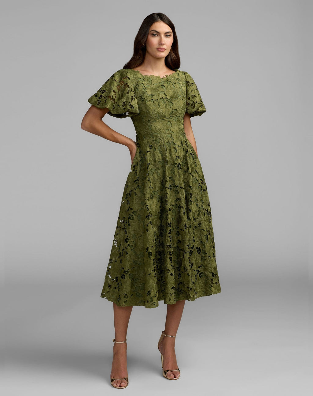 Olive Floral Lace Flutter Sleeve Midi Dress