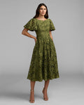 Olive Floral Lace Flutter Sleeve Midi Dress