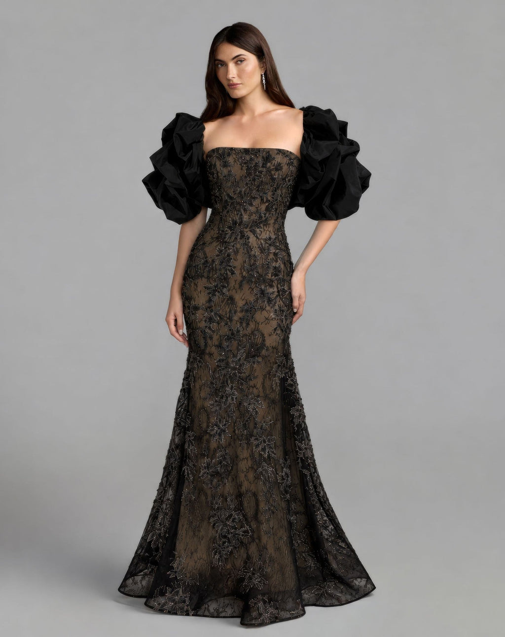 Black Nude Floral Lace Puff Sleeve Mermaid Gown