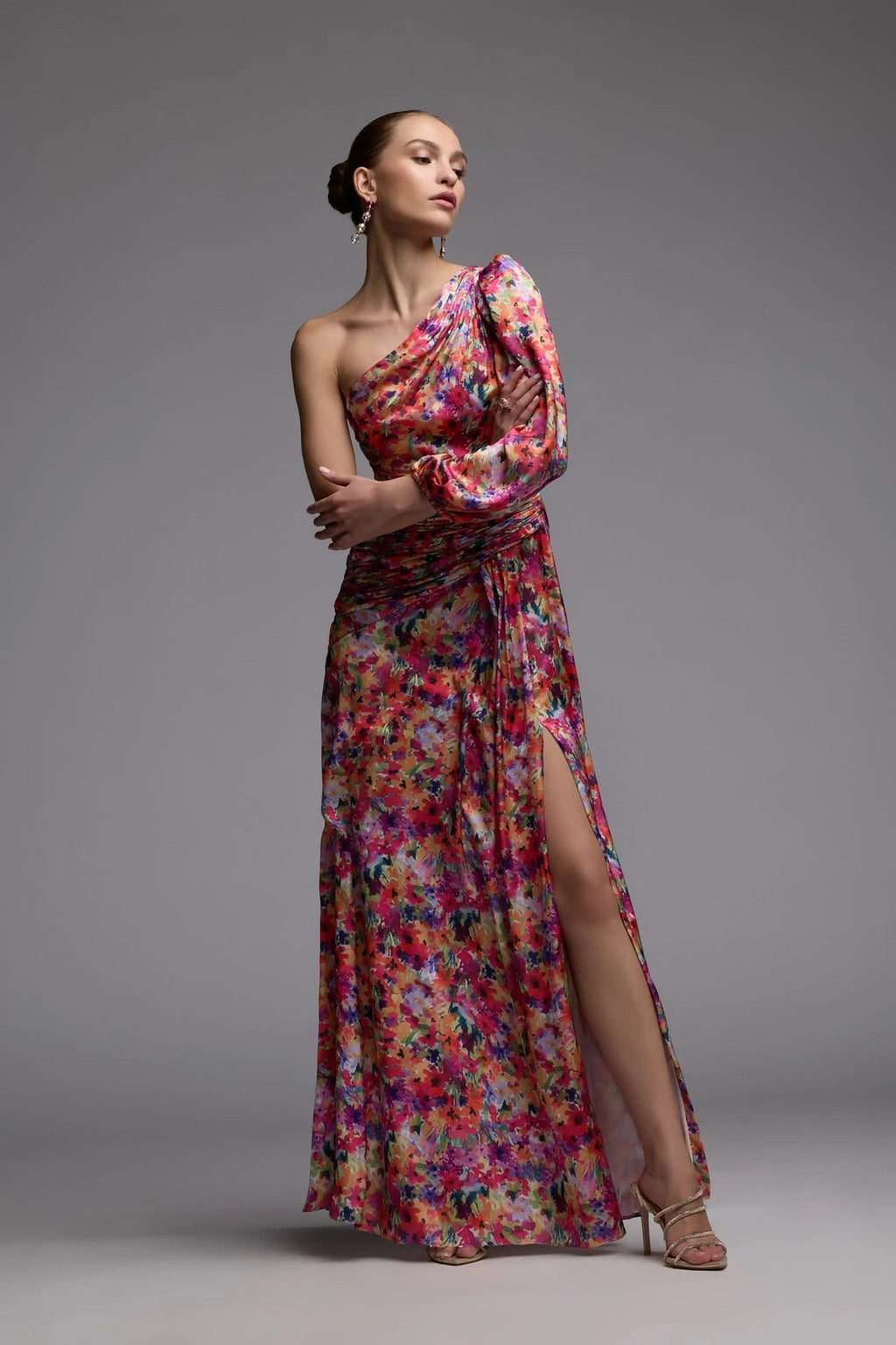 Multi Floral One Shoulder Charmeuse Gown With Slit