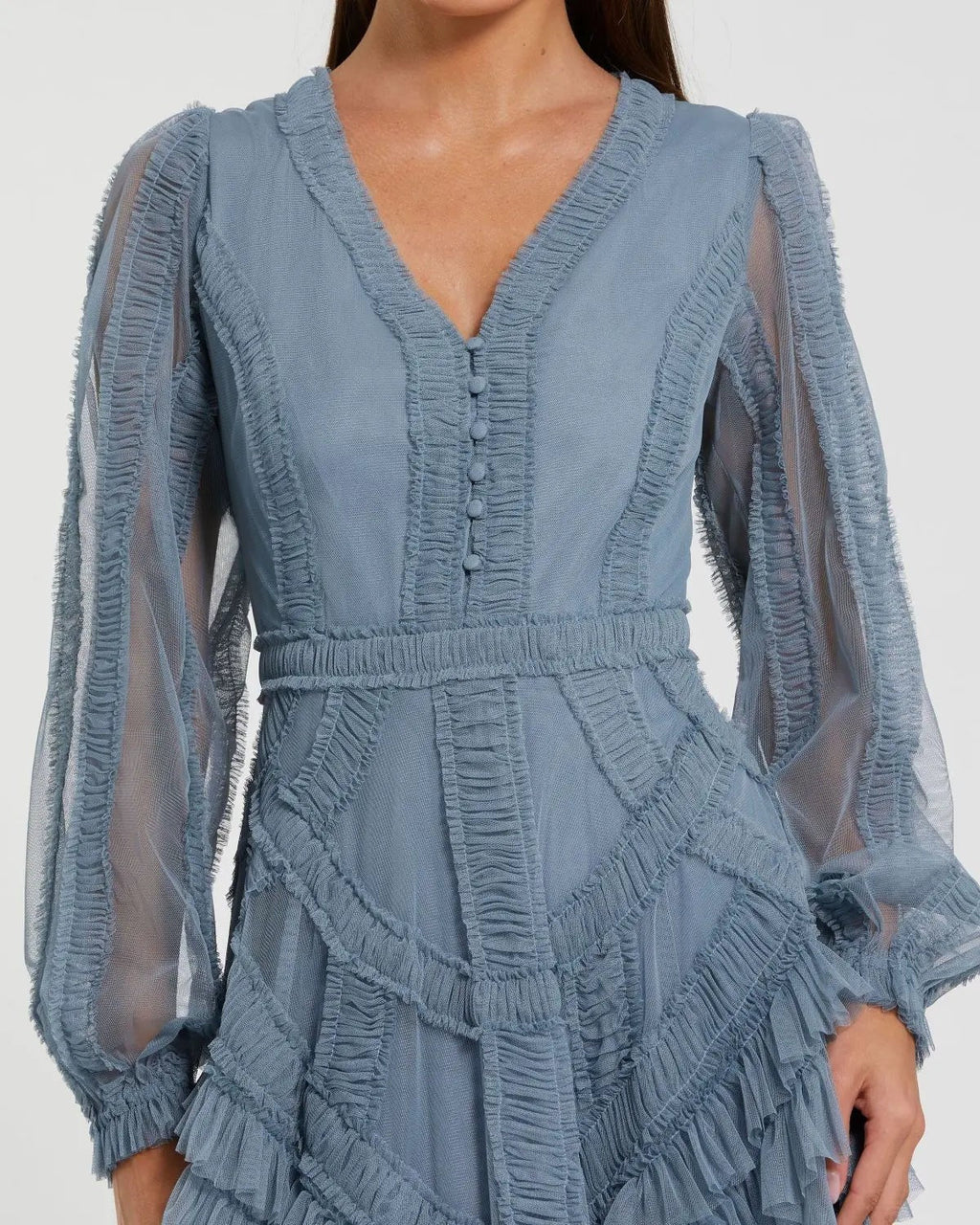 Slate Blue Long Sleeve V-Neck Micro Ruffle Midi Dress