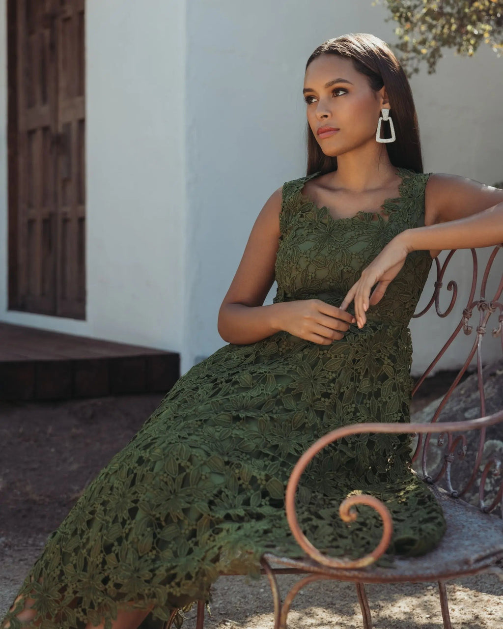 Army Green Sleeveless Embroidered Lace A-Line Midi Dress
