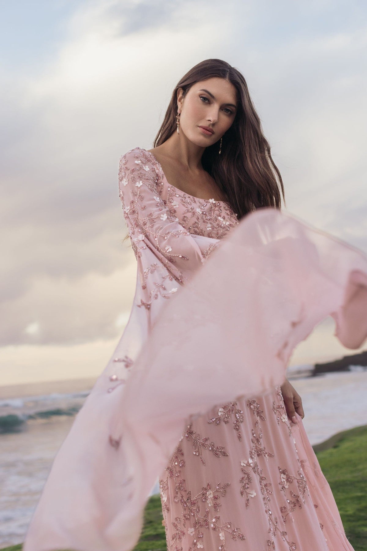 Rose Floral Embellished Cape Sleeve Gown