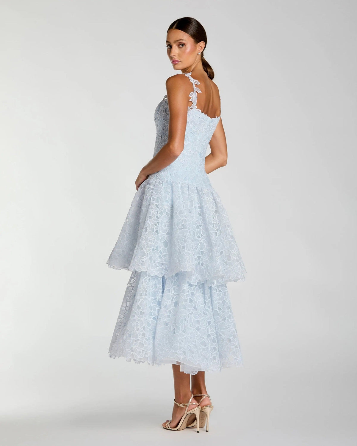 Powder Blue Sleeveless Embroidered Lace Tiered Midi Dress