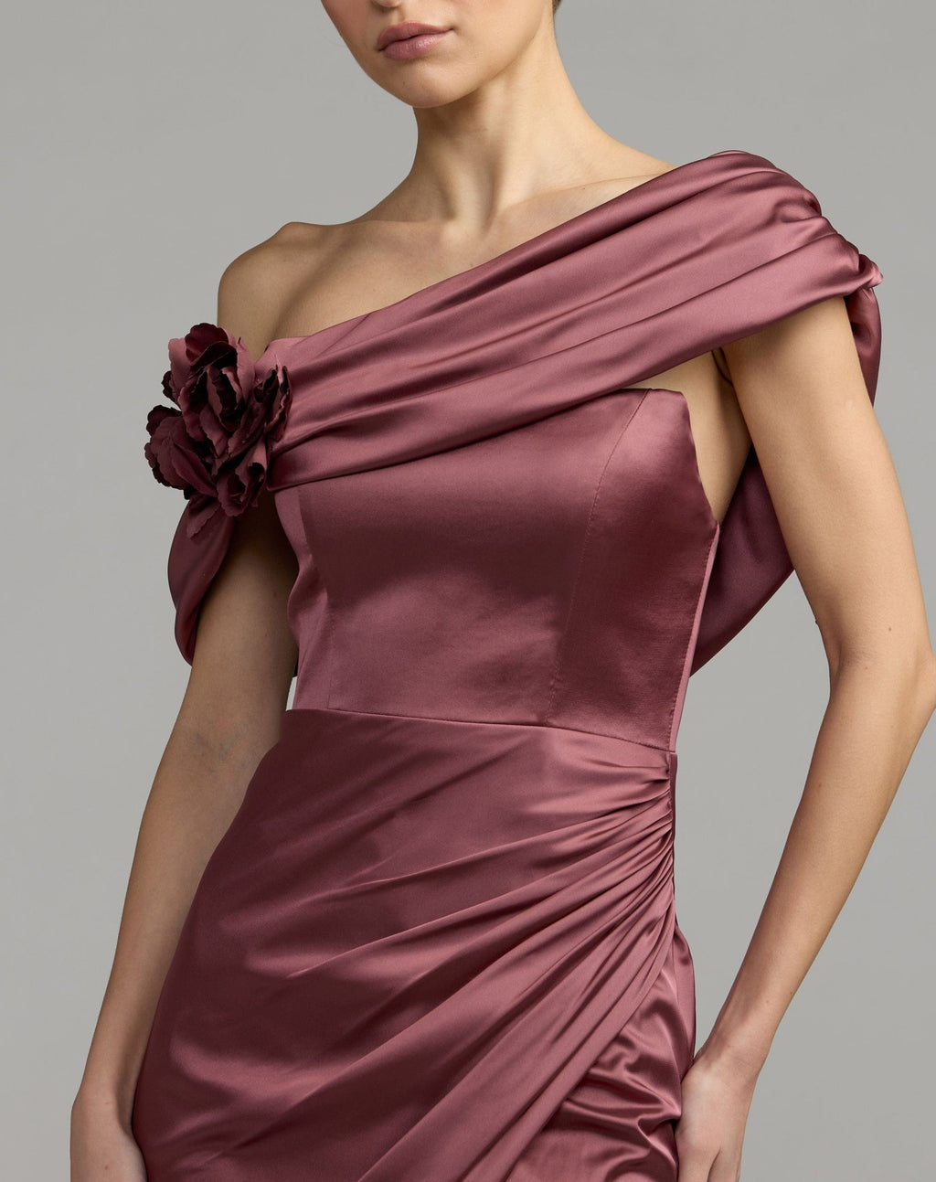 Rosewood Charmeuse One Shoulder Gown With 3D Flower