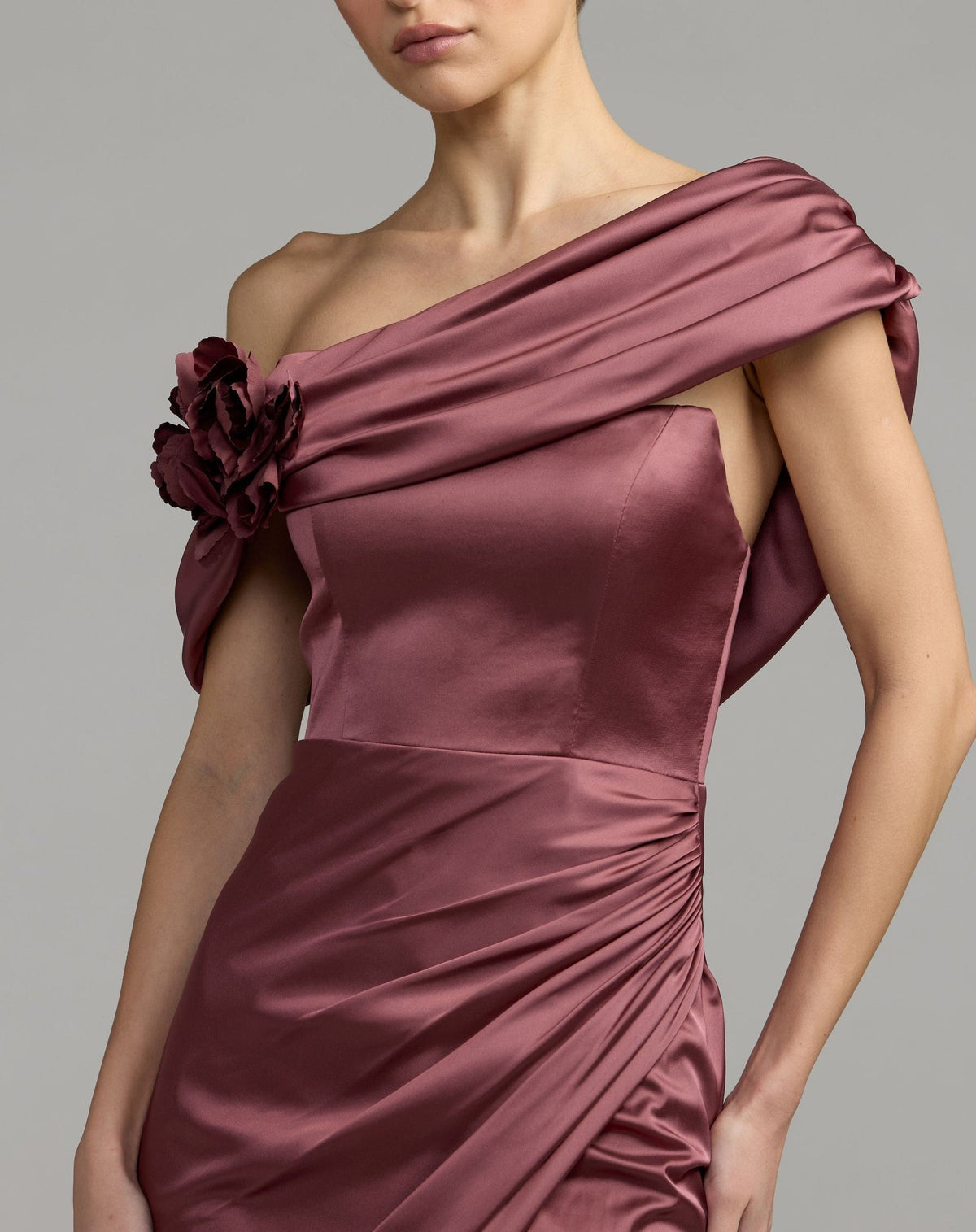Rosewood Charmeuse One Shoulder Gown With 3D Flower
