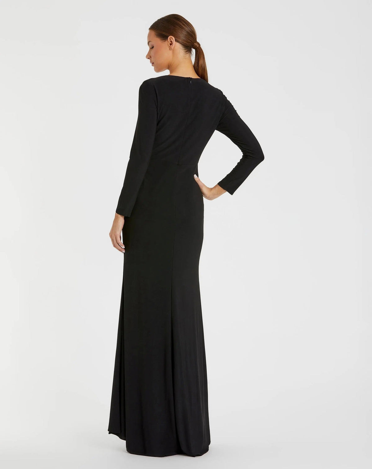 Black Faux Wrap Long Sleeve Evening Gown with Appliqué Detail