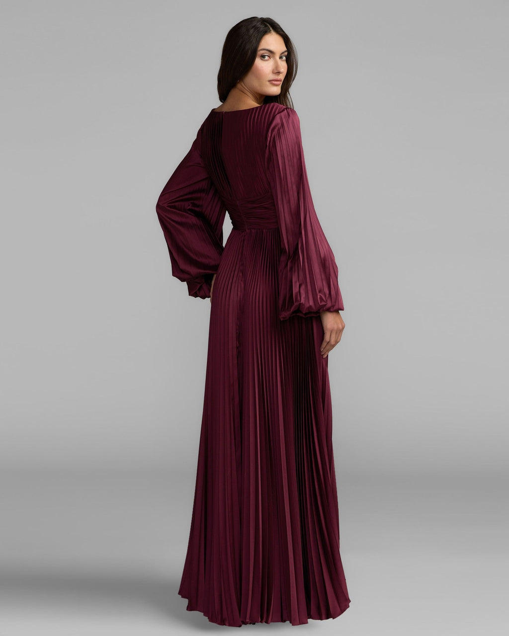Wine Pleated Satin Long Sleeve Gown