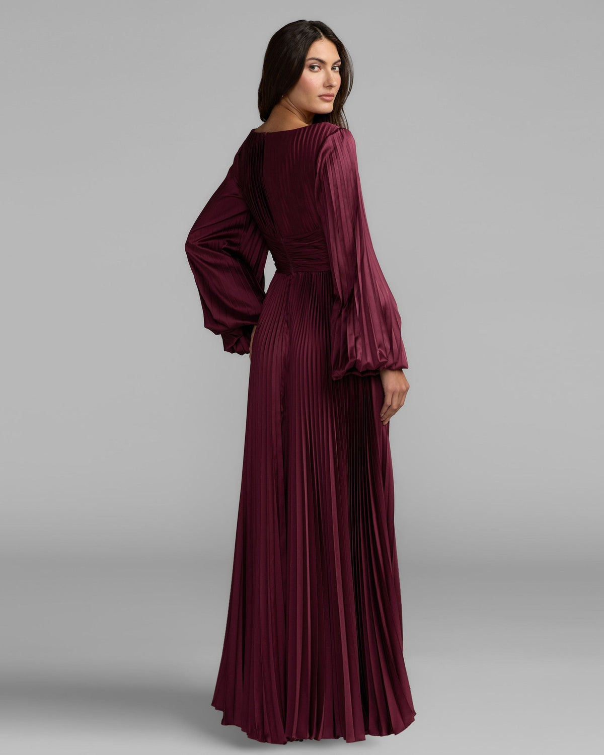 Wine Pleated Satin Long Sleeve Gown