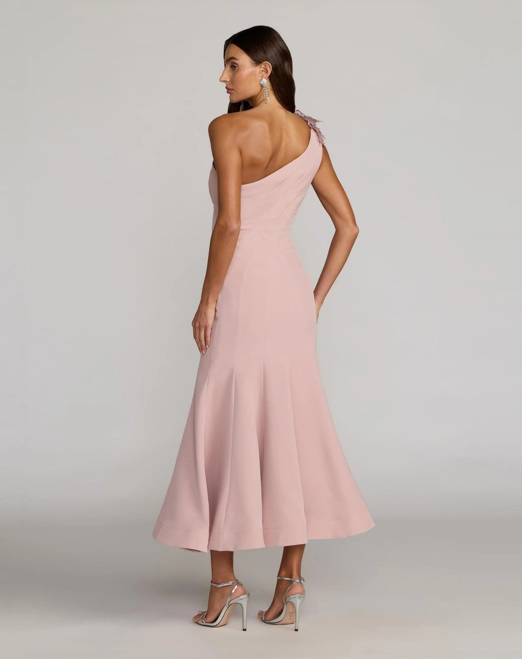 Rose One Shoulder Floral Appliqué Crepe Midi Dress