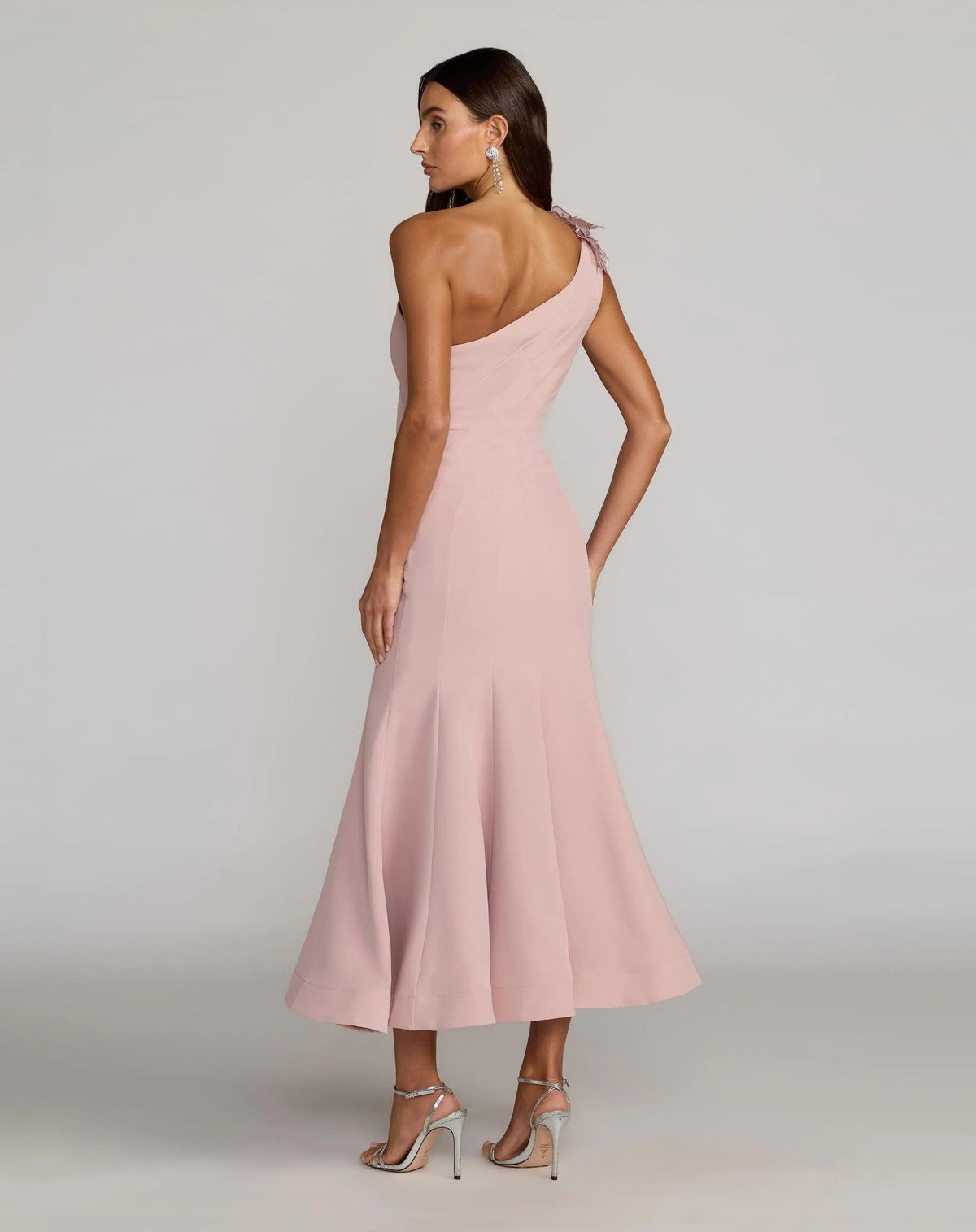 Rose One Shoulder Floral Appliqué Crepe Midi Dress