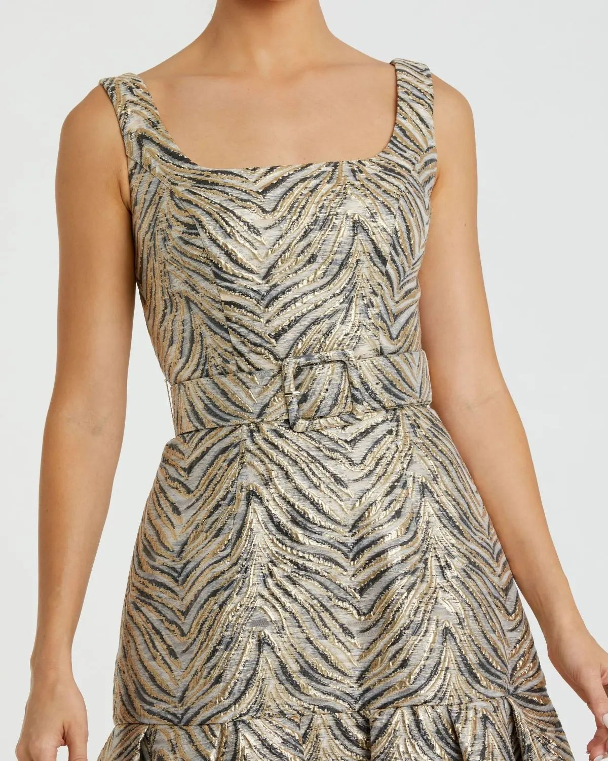 Gold Metallic Jacquard Gown with Square Neckline and Box Pleats