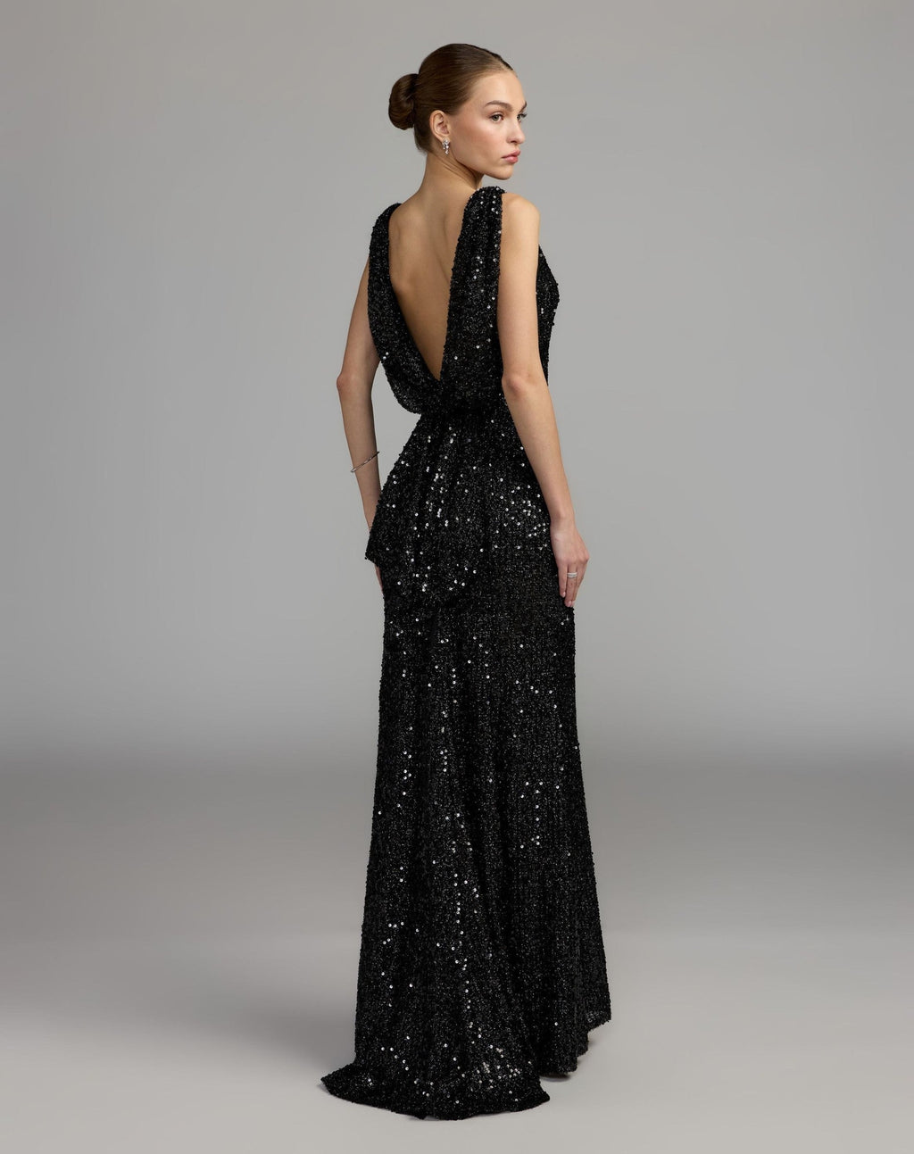 Black Sleeveless Cowl Back Sequin Evening Gown