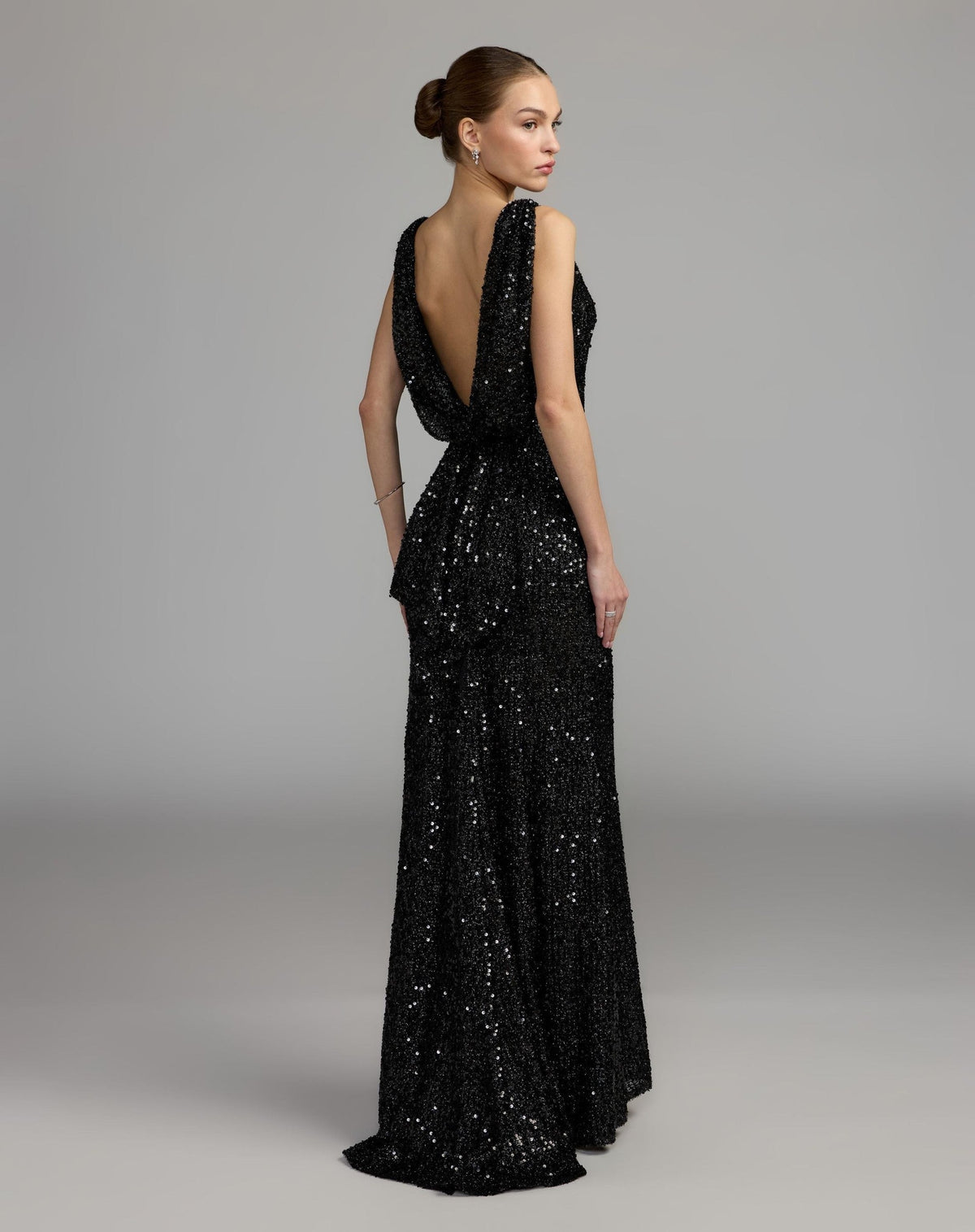 Black Sleeveless Cowl Back Sequin Evening Gown