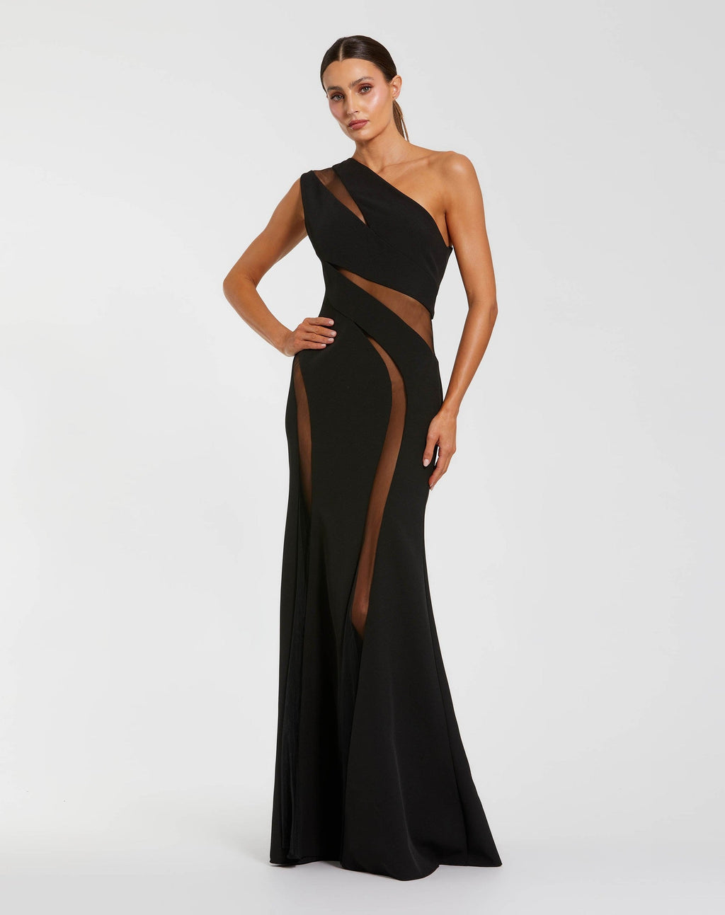 Black One Shoulder Crepe Illusion Cutout Gown