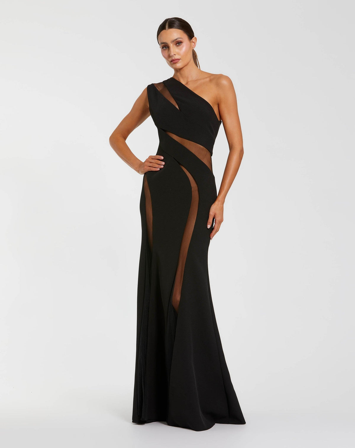 Black One Shoulder Crepe Illusion Cutout Gown