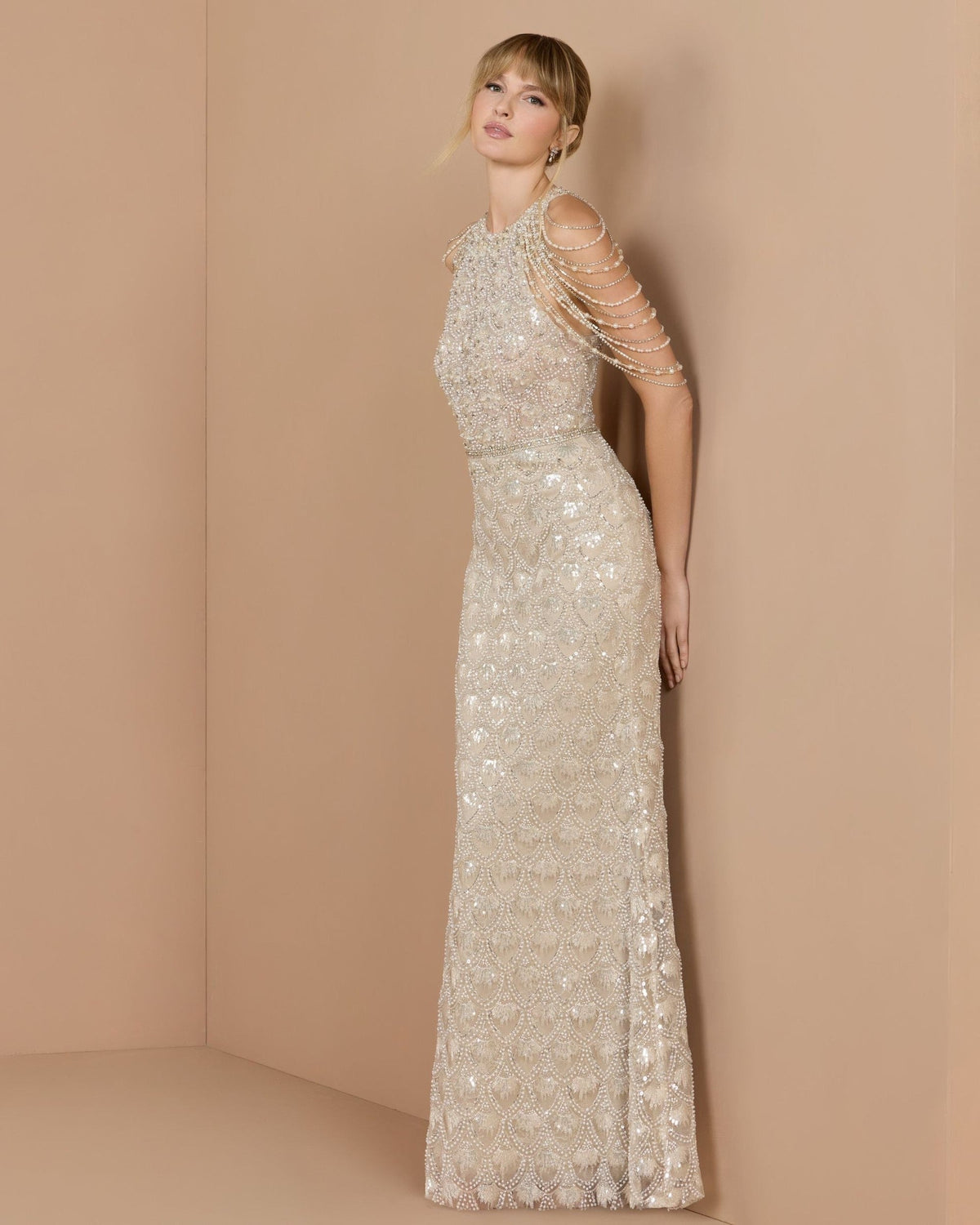 Cream Nude Draped Pearl Embellished Column Gown