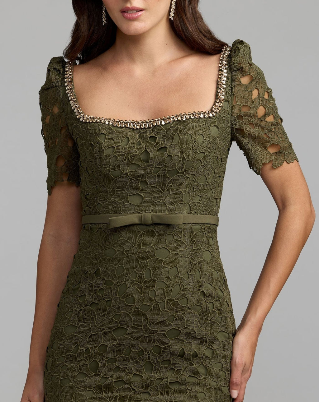 Olive Embellished Square Neck Lace Midi Dress