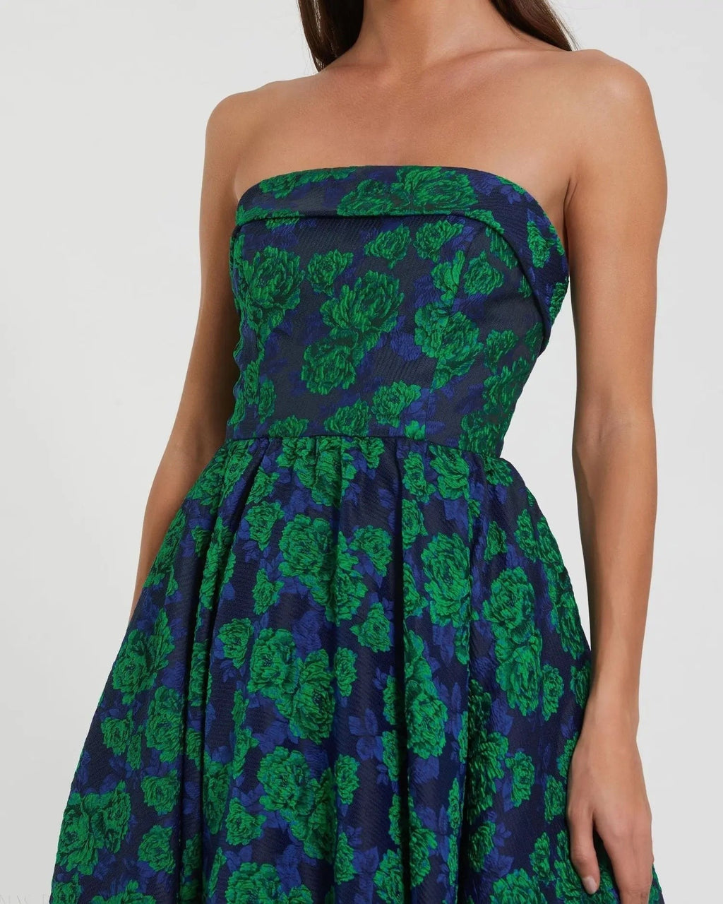 Blue and Green Brocade Strapless A Line Midi Dress