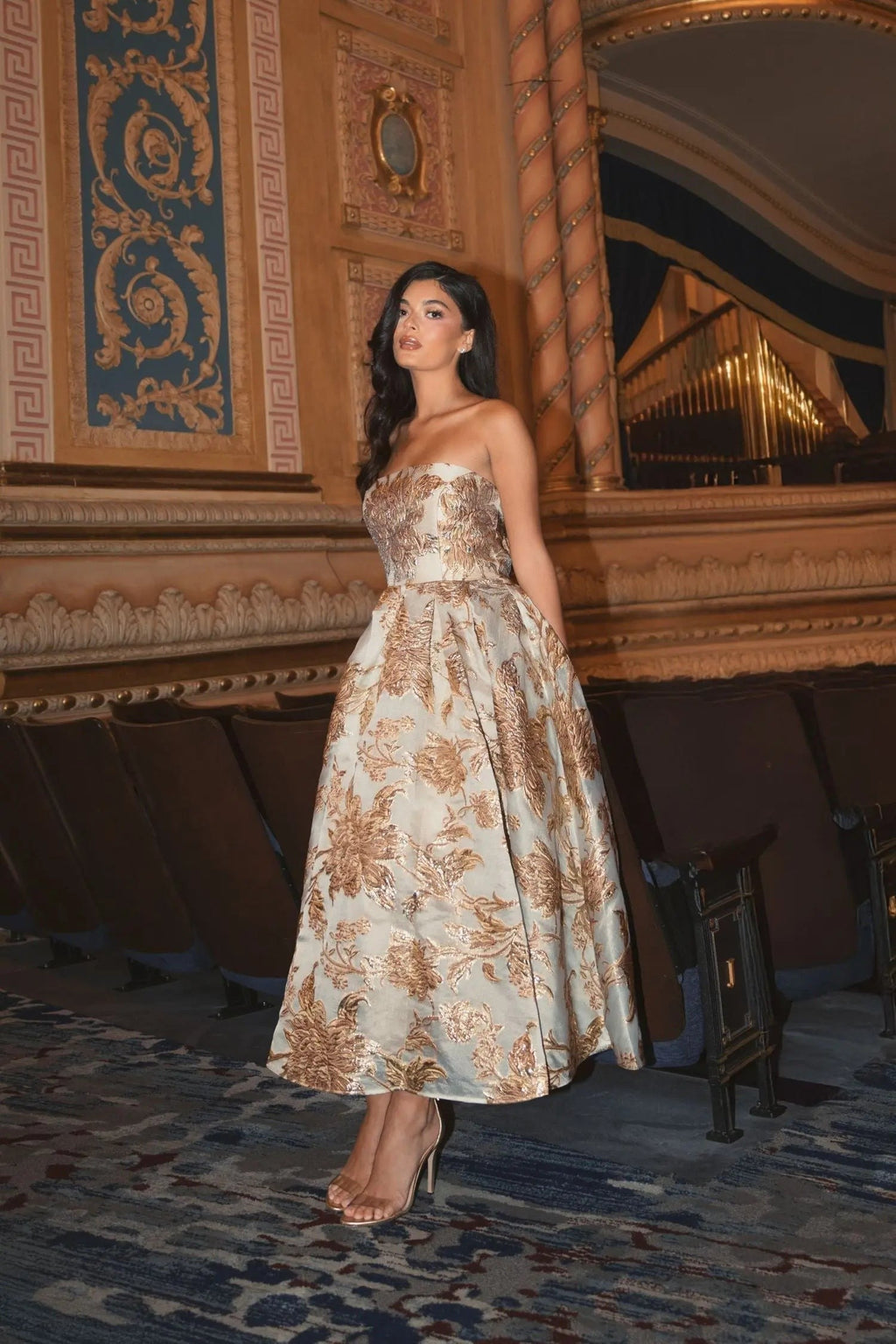 Gold Strapless Brocade Midi Dress with Pockets