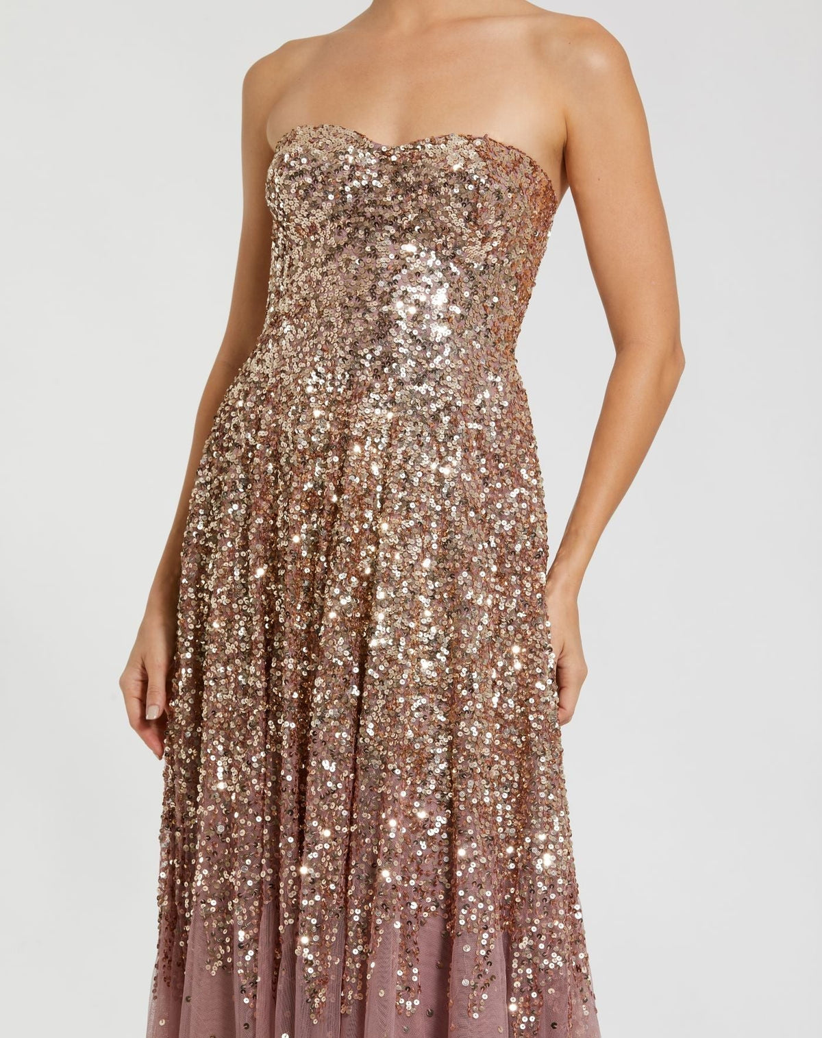 Gold Amethyst Strapless Sweetheart Neck Sequin Ombre Gown