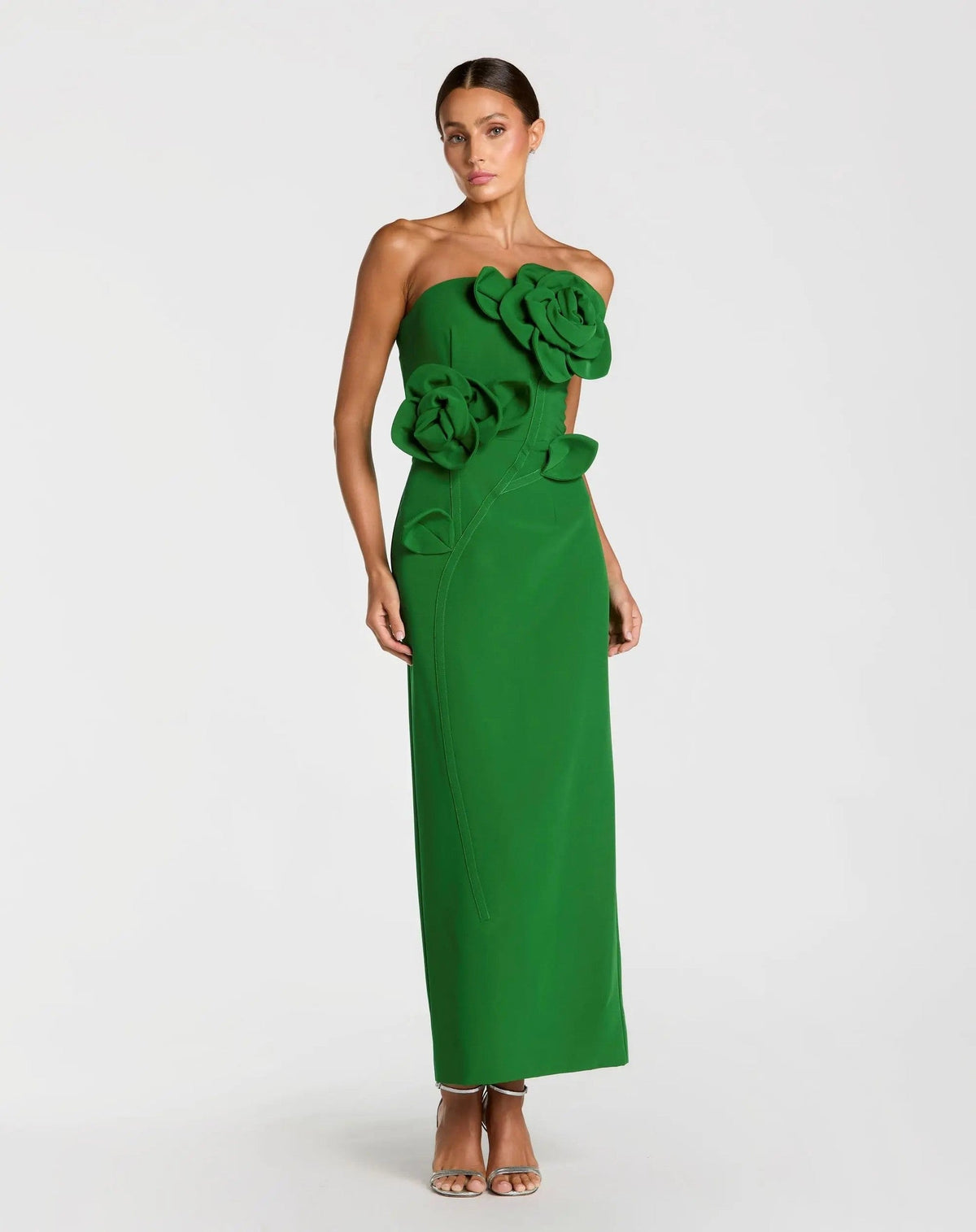 Spring Green Strapless Crepe Dress With 3D Flower Detail