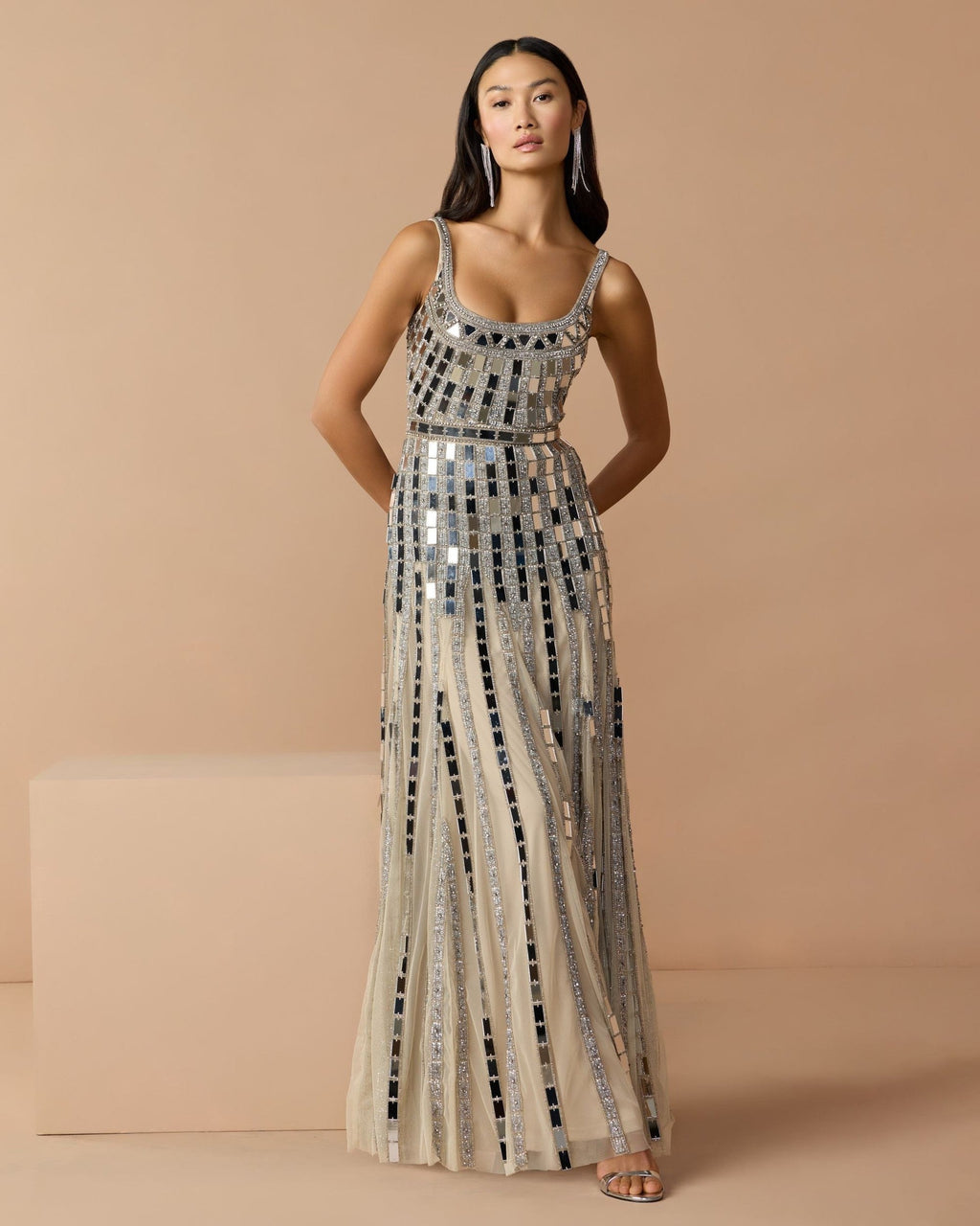Silver Mirror Embellished Sleeveless Evening Gown