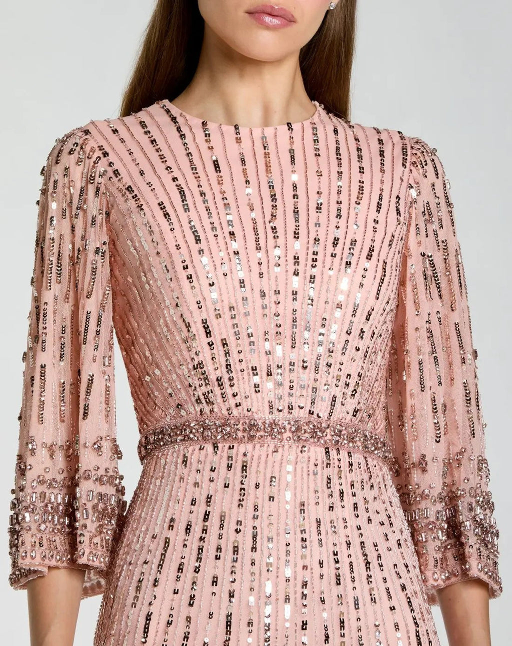 Rose High Neck Embellished Gown With 3/4 Sleeves