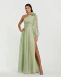 Sage One Shoulder 3D Flower Gown With Slit
