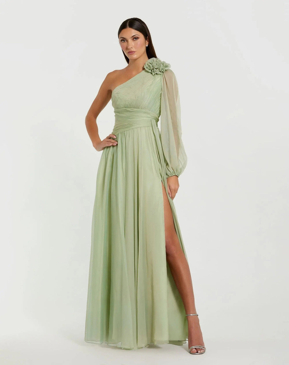 Sage One Shoulder 3D Flower Gown With Slit