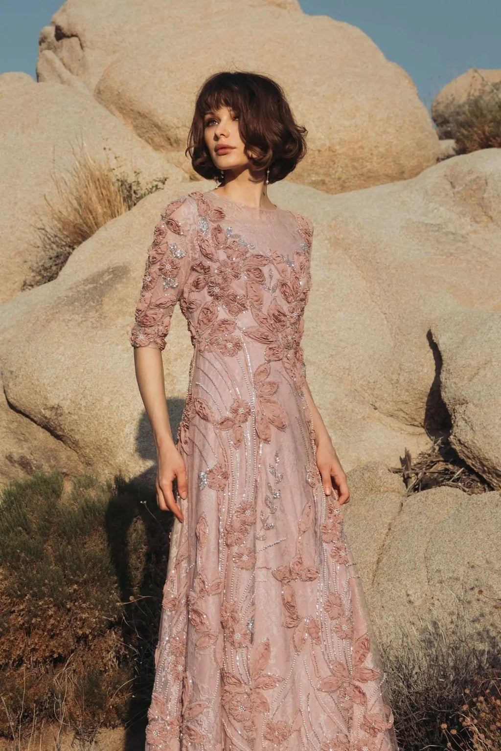 Mocha High Neck Embellished Lace Gown With 3/4 Sleeves