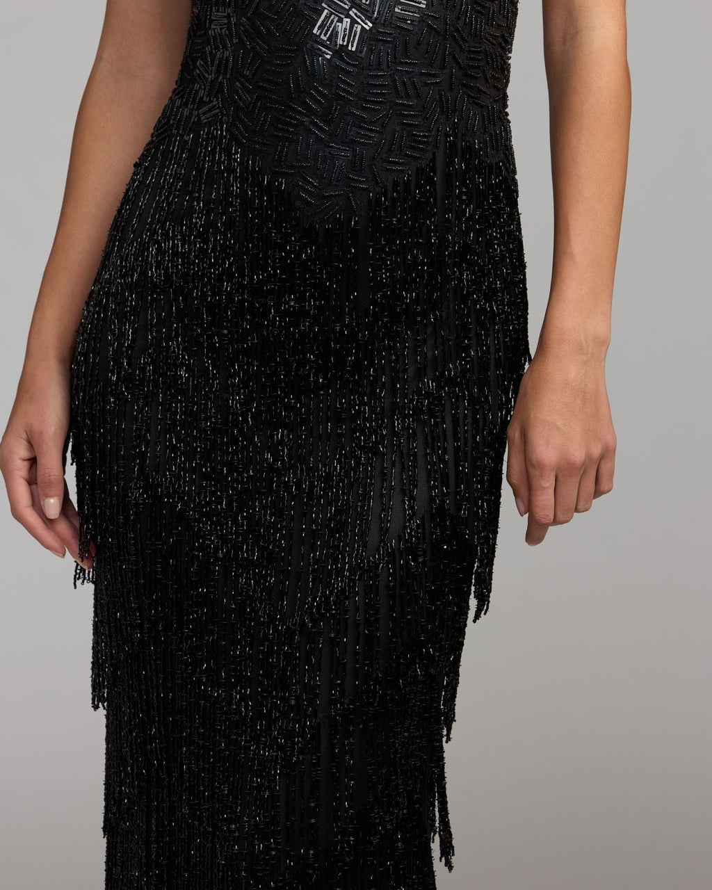 Black Beaded Fringe Sleeveless Gown