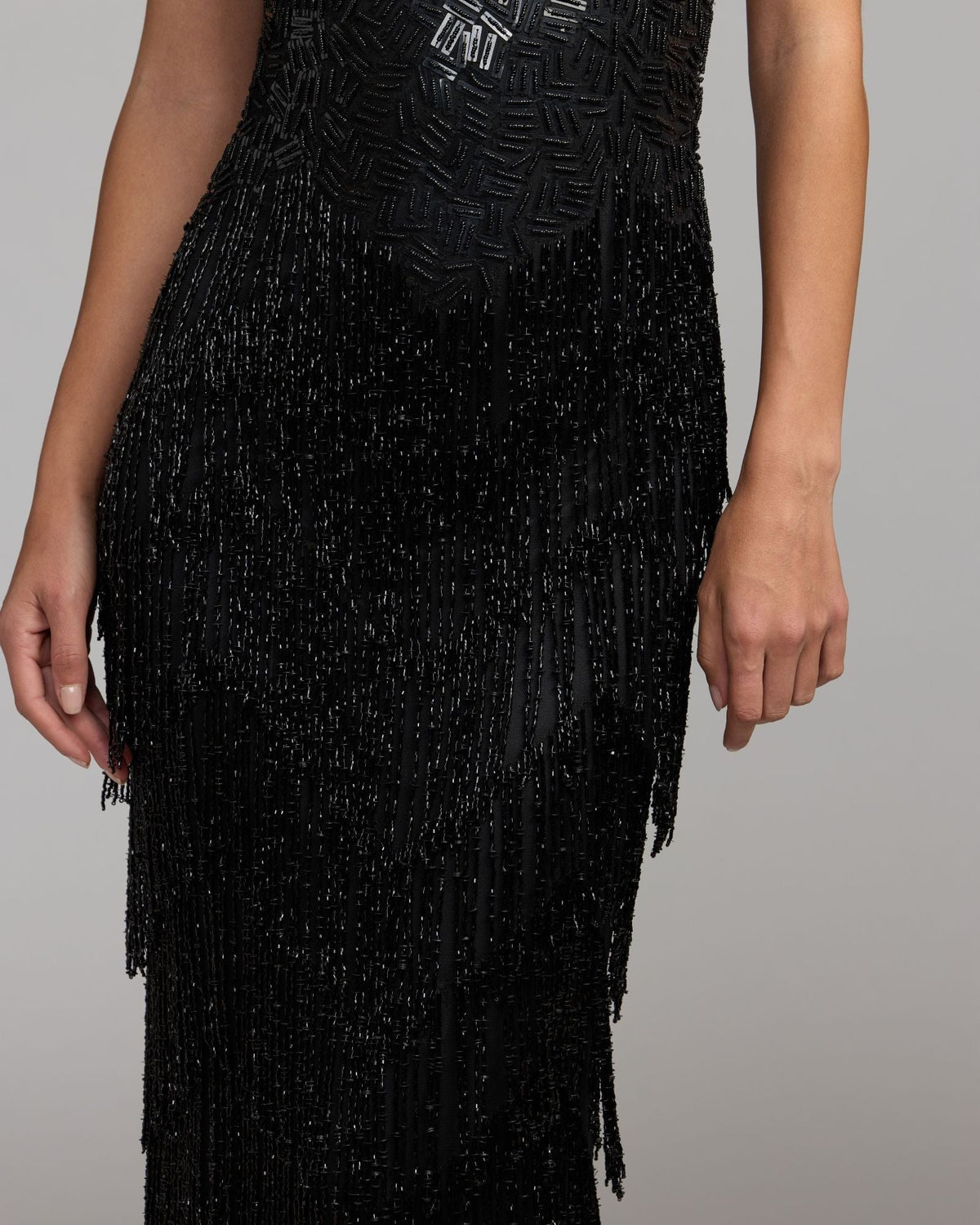 Black Beaded Fringe Sleeveless Gown