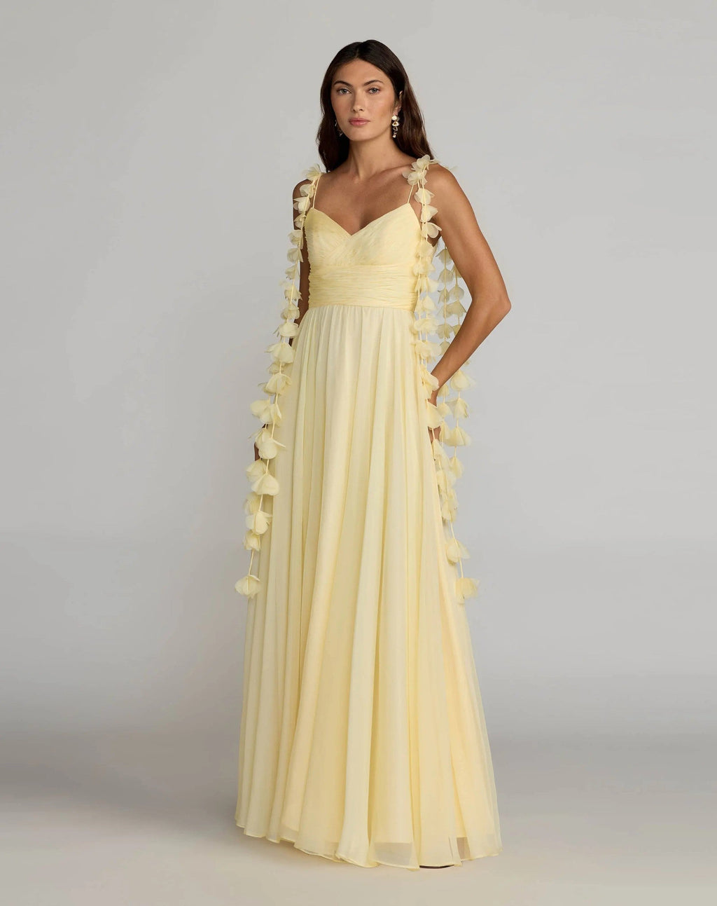 Butter Chiffon A Line Gown With 3D Flower Straps