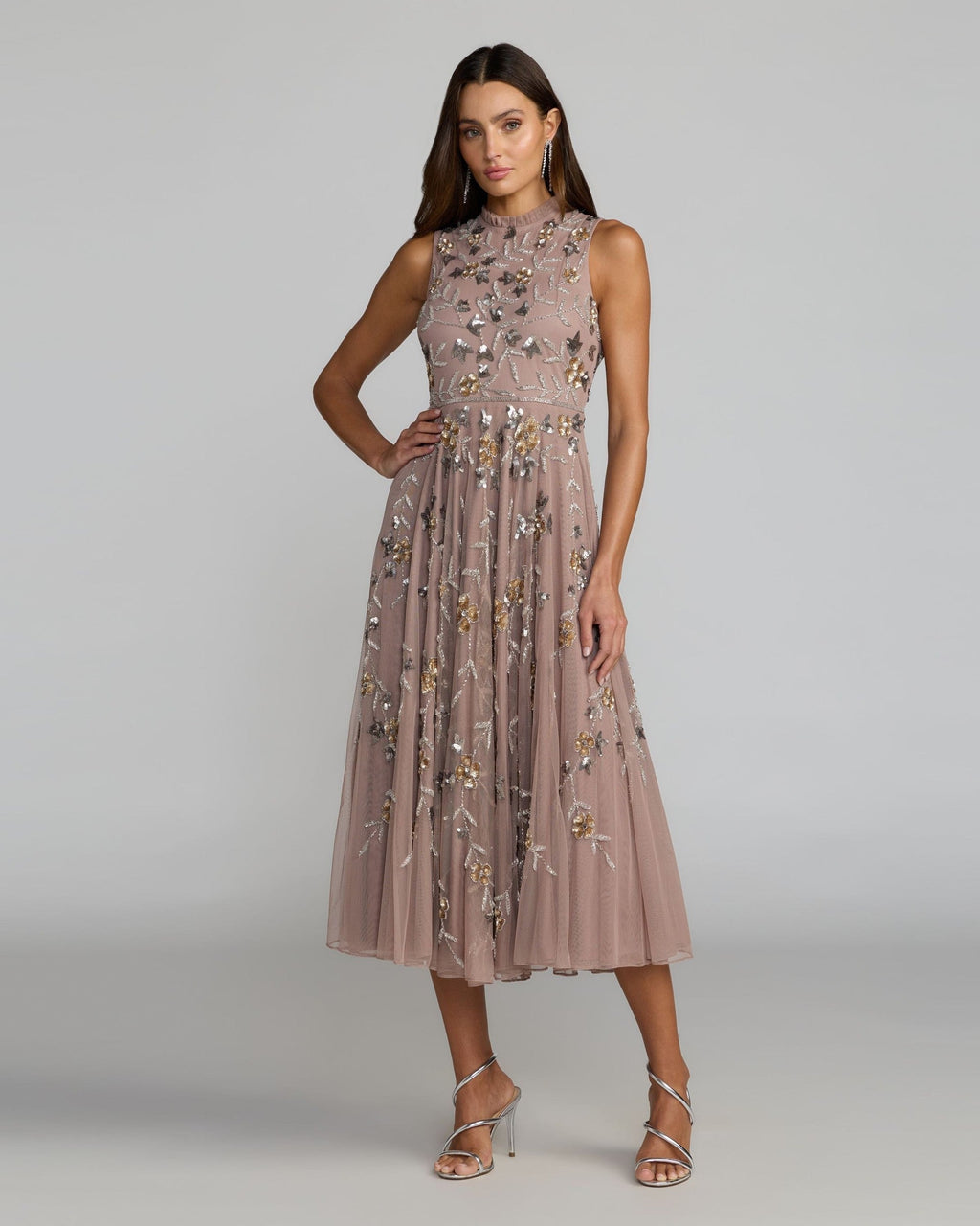 Petite Taupe Embellished High Neck Sleeveless Midi Dress