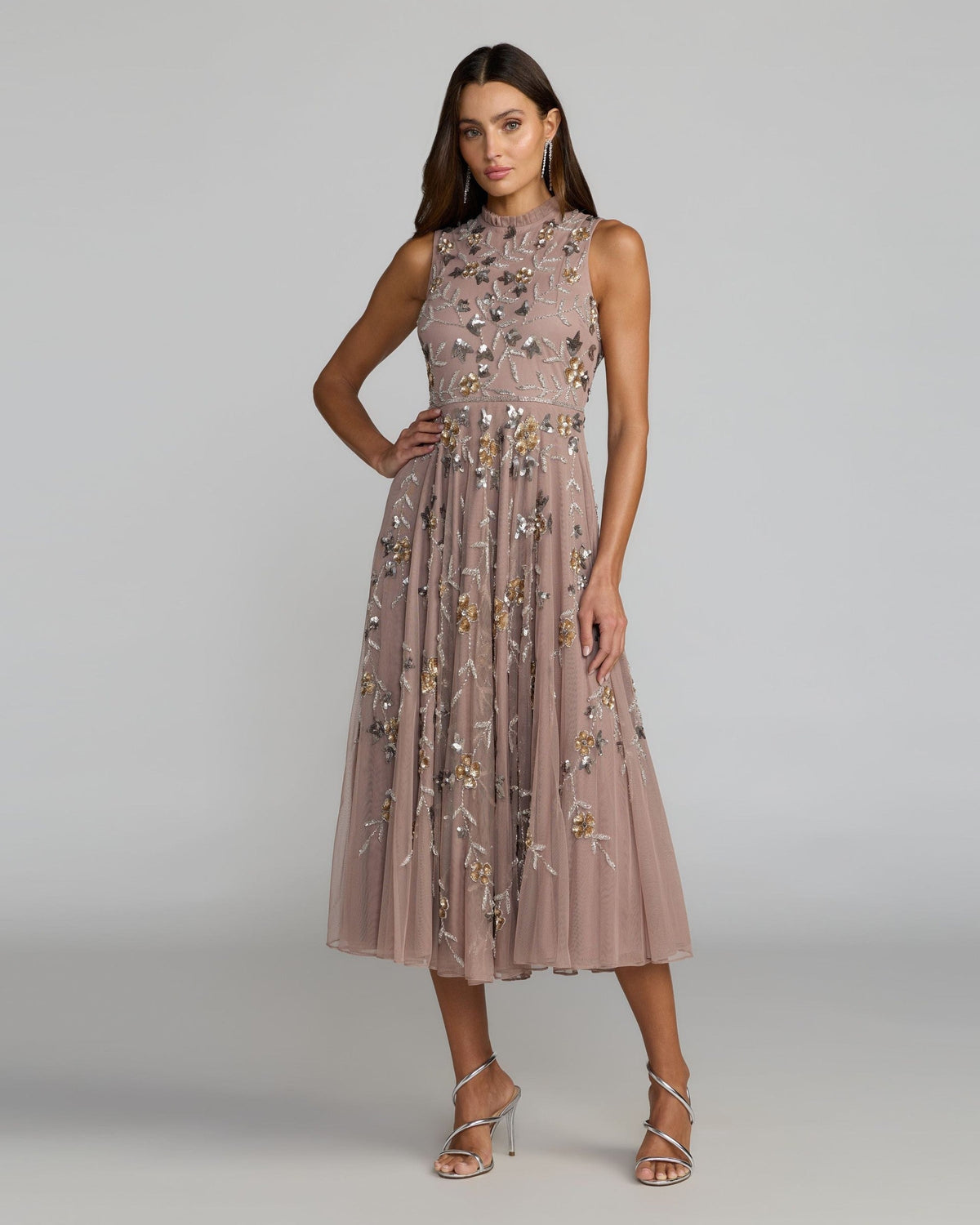 Petite Taupe Embellished High Neck Sleeveless Midi Dress