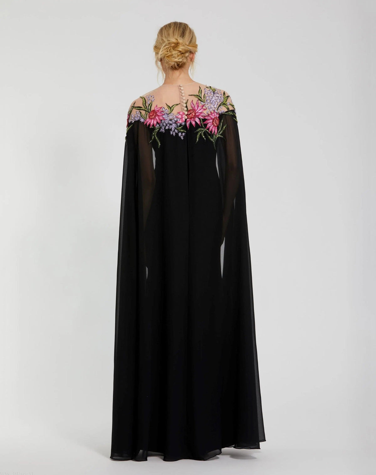 Black Sheer Cape Gown with Beaded Embroidery