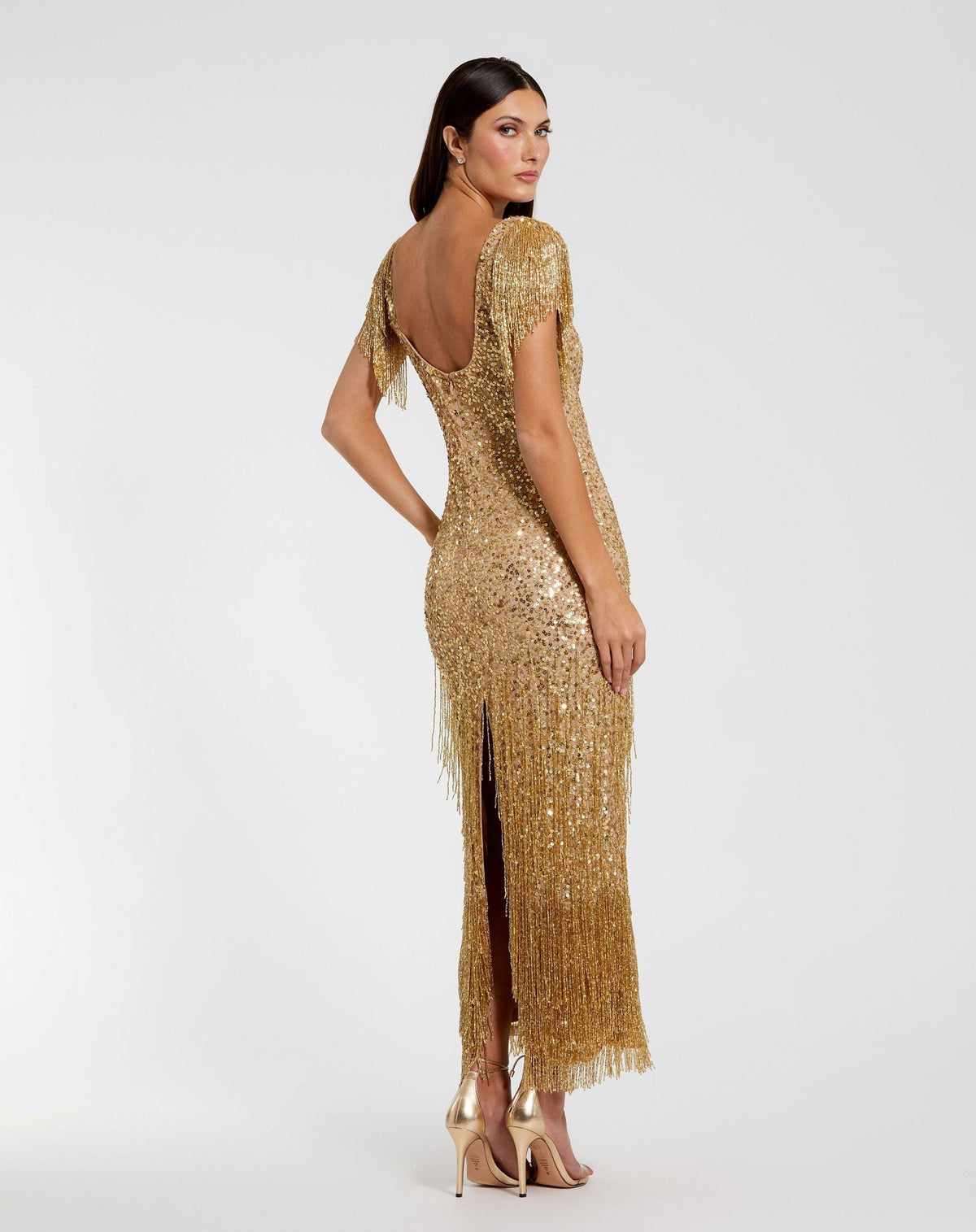 Gold Beaded Fringe Scoop Neck Midi Dress