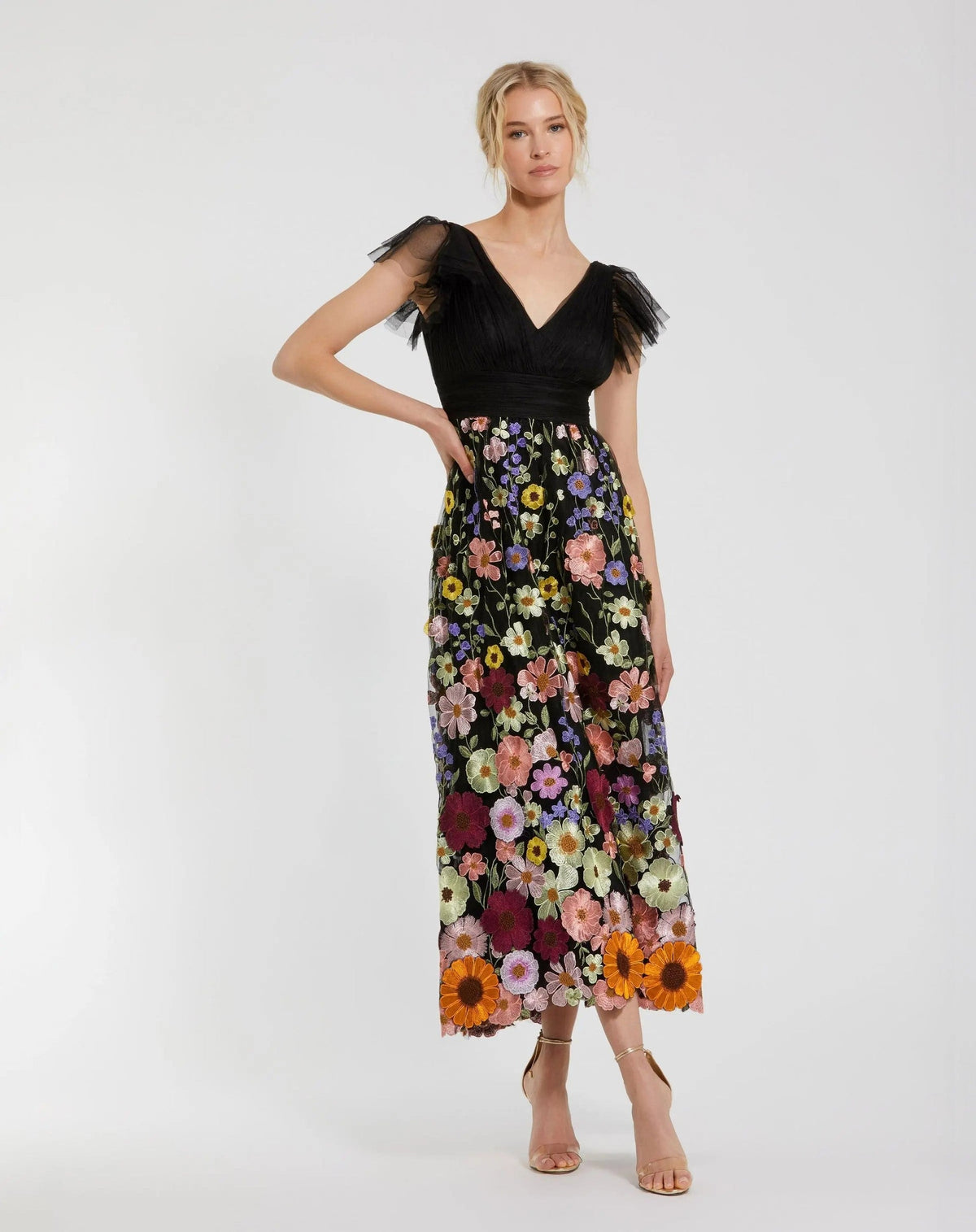 Black Multicolor Embroidered Flutter Sleeve Floral Dress