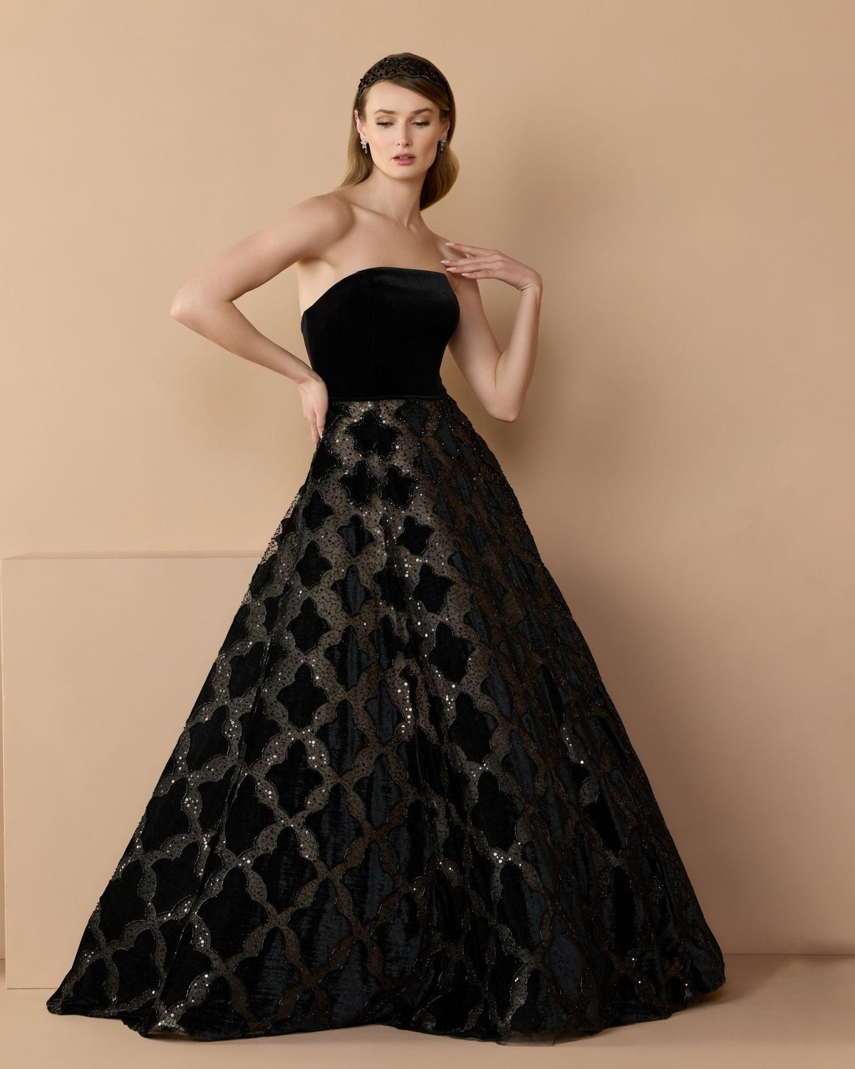Black Strapless Velvet Bodice Embellished Ball Gown