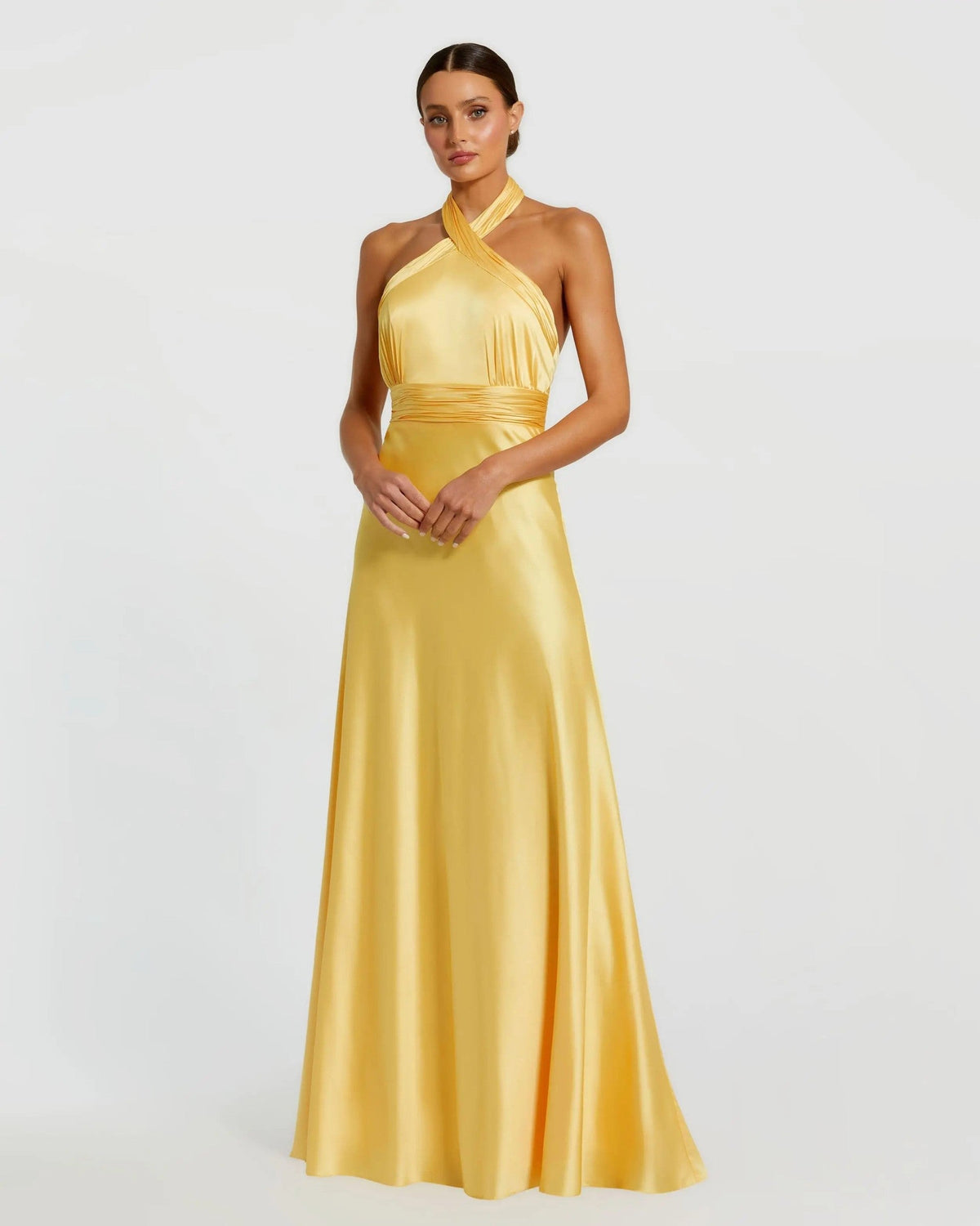 Yellow Ruched Halter Neck Tie Back Satin Gown