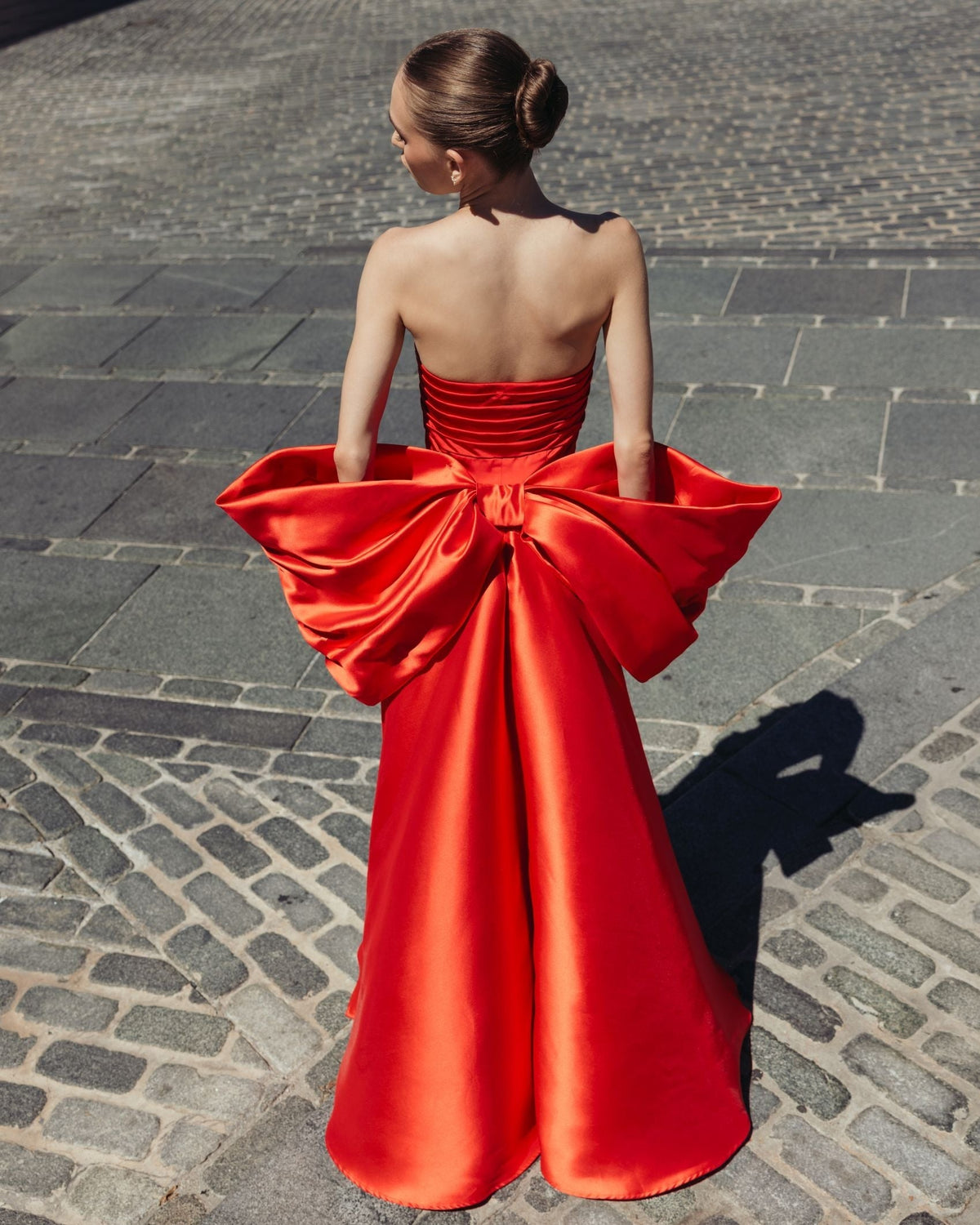 Ruby Satin Column Gown With Oversized Bow